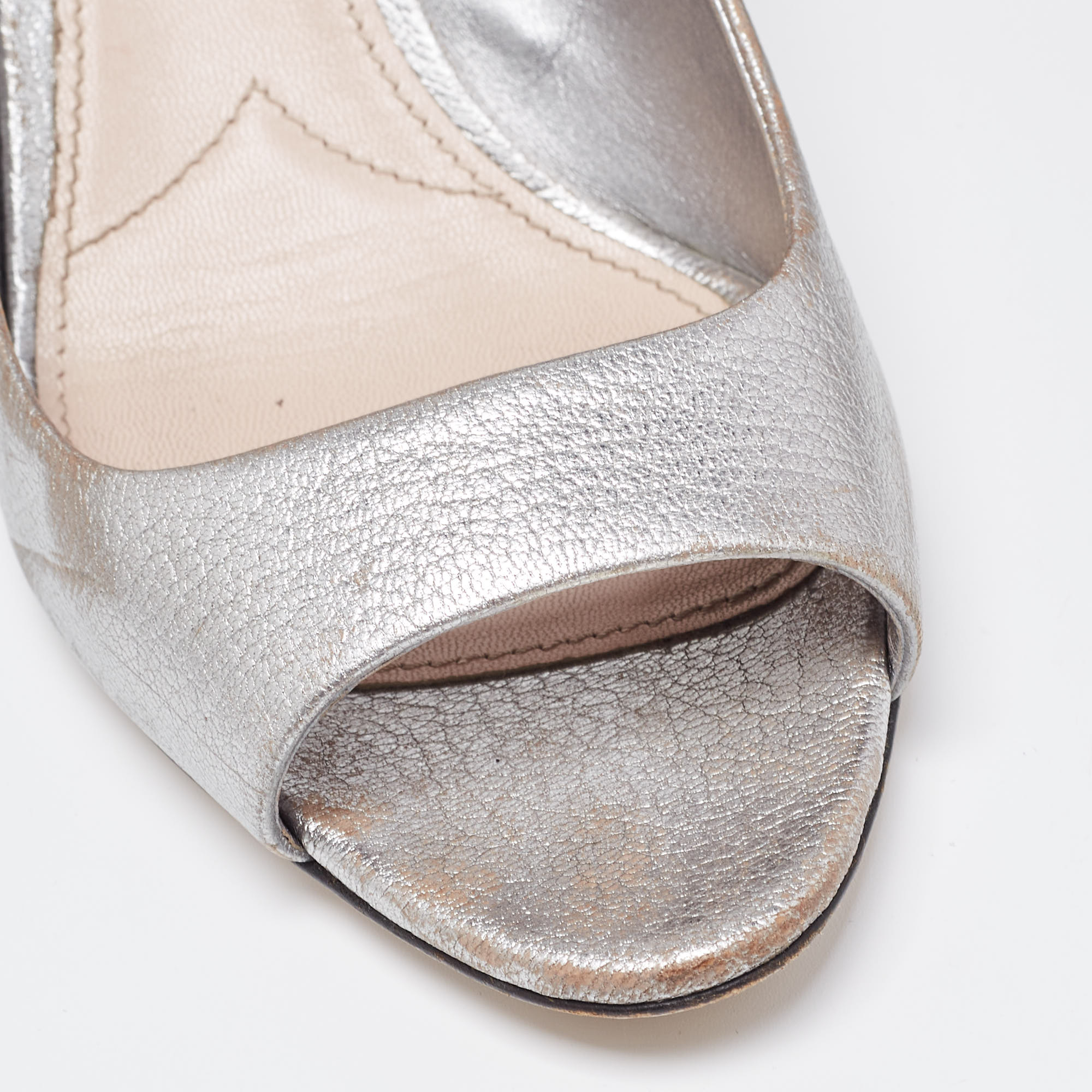 Miu Miu Silver Leather Crystal Block Heel Open Toe Pumps Size 38