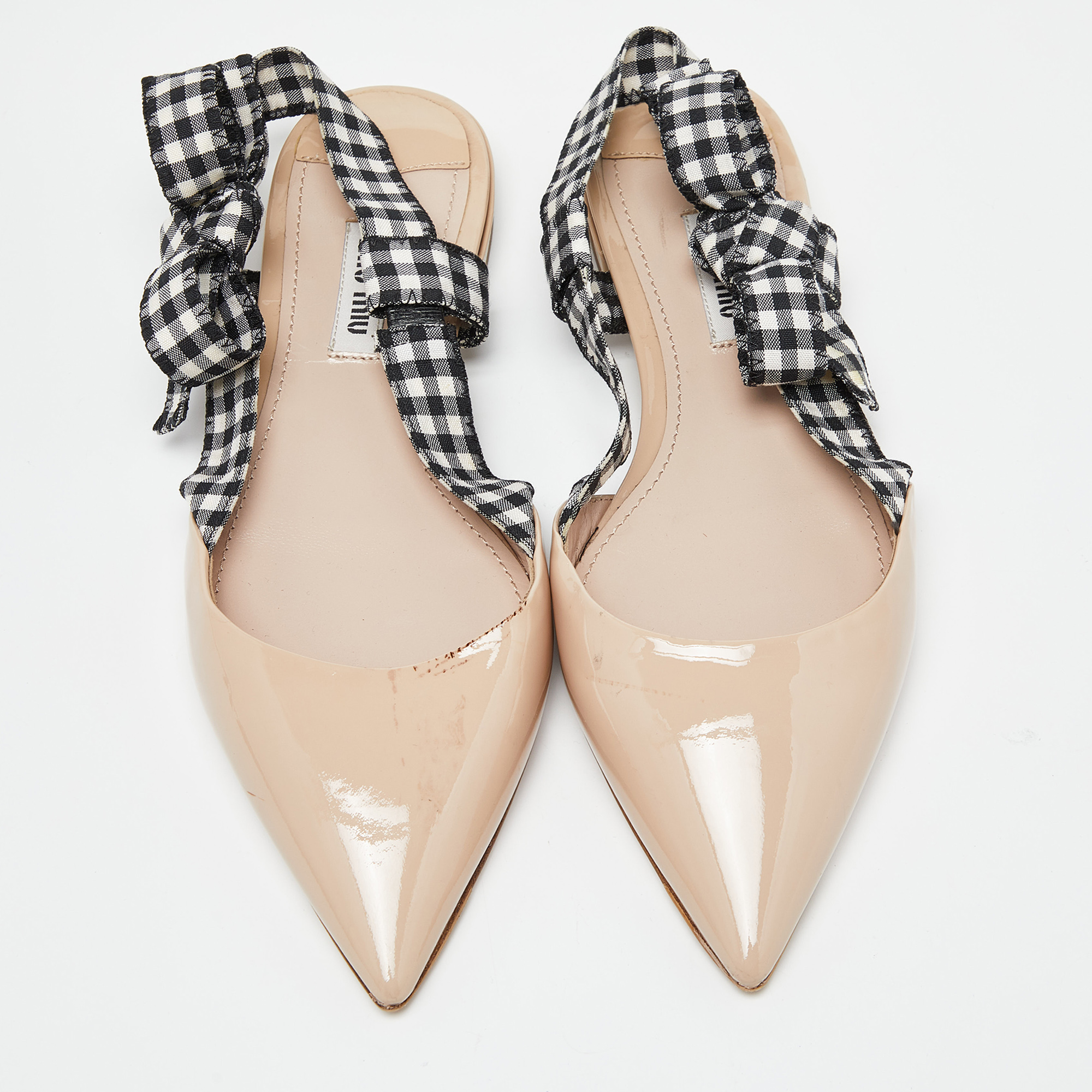 Miu Miu Beige Patent Leather And Gingham Fabric Bow Slingback Flats Size 37