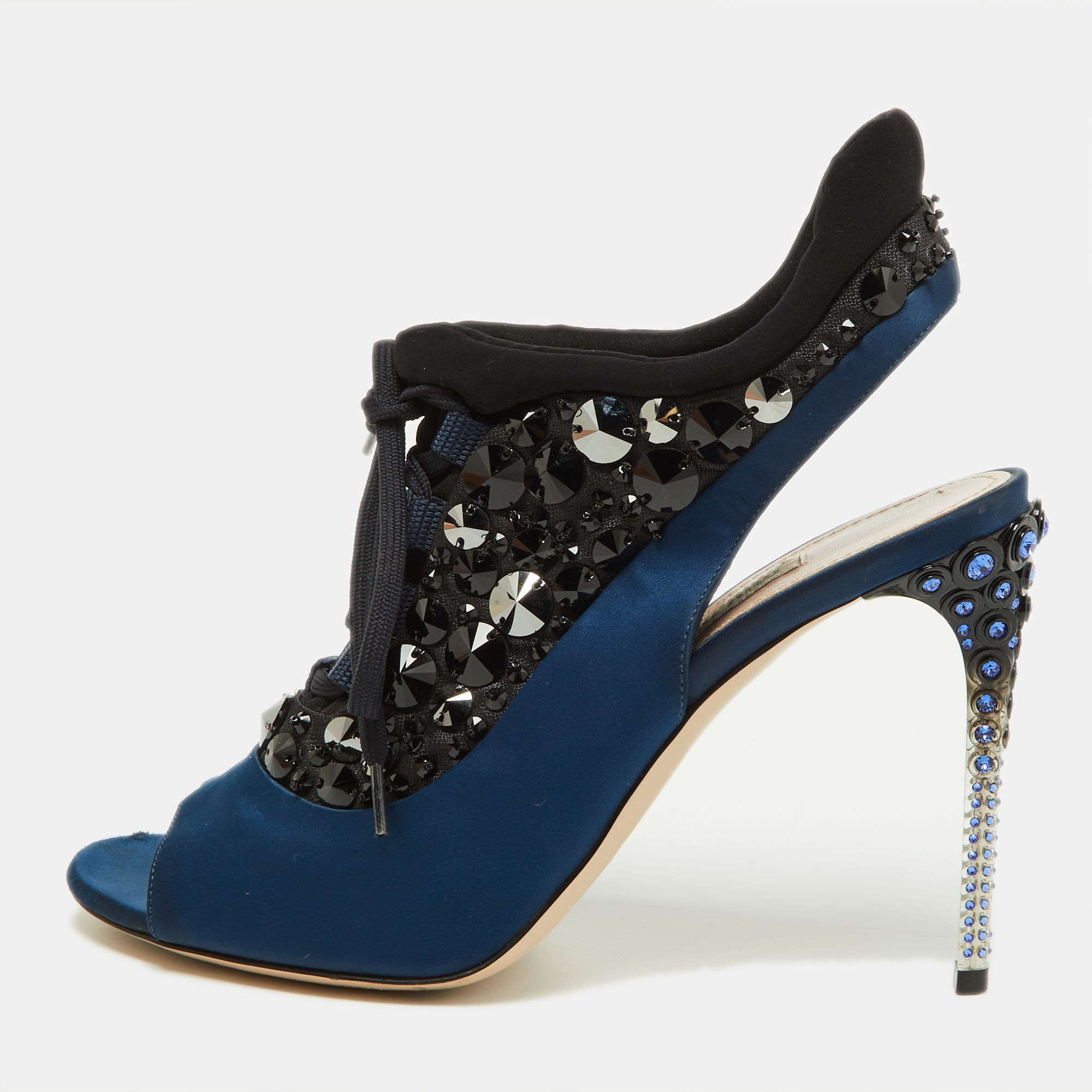 Miu Miu Navy Blue/Black Satin And Fabric Embellished Cutout Booties Size 39