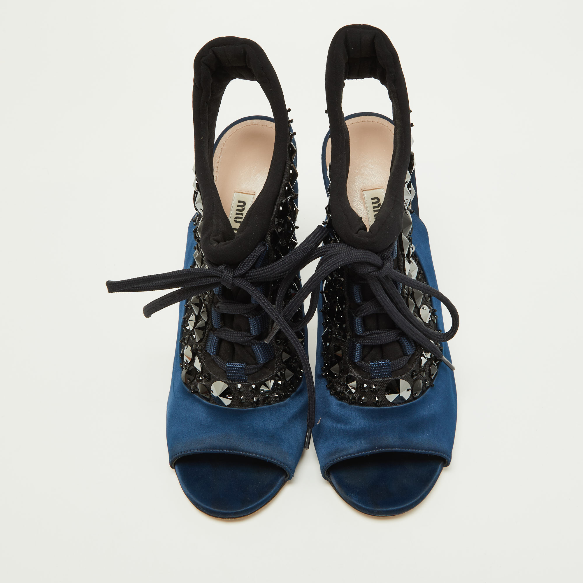 Miu Miu Navy Blue/Black Satin And Fabric Embellished Cutout Booties Size 39