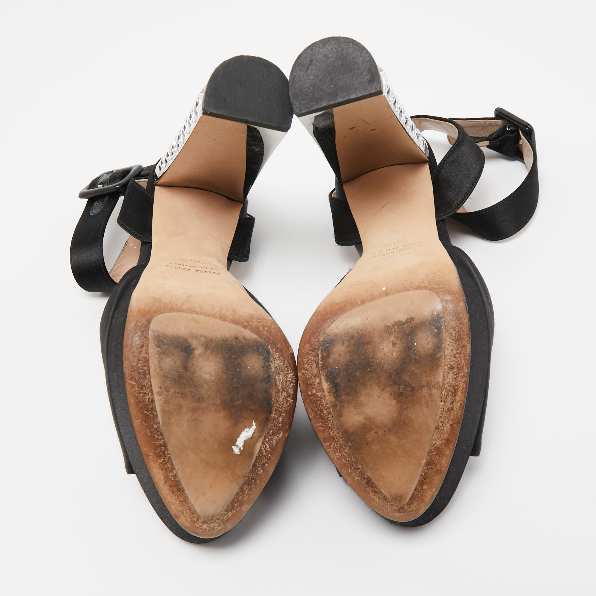 Miu Miu Black Satin Crystal Embellished Platform Ankle Strap Sandals Size 36.5