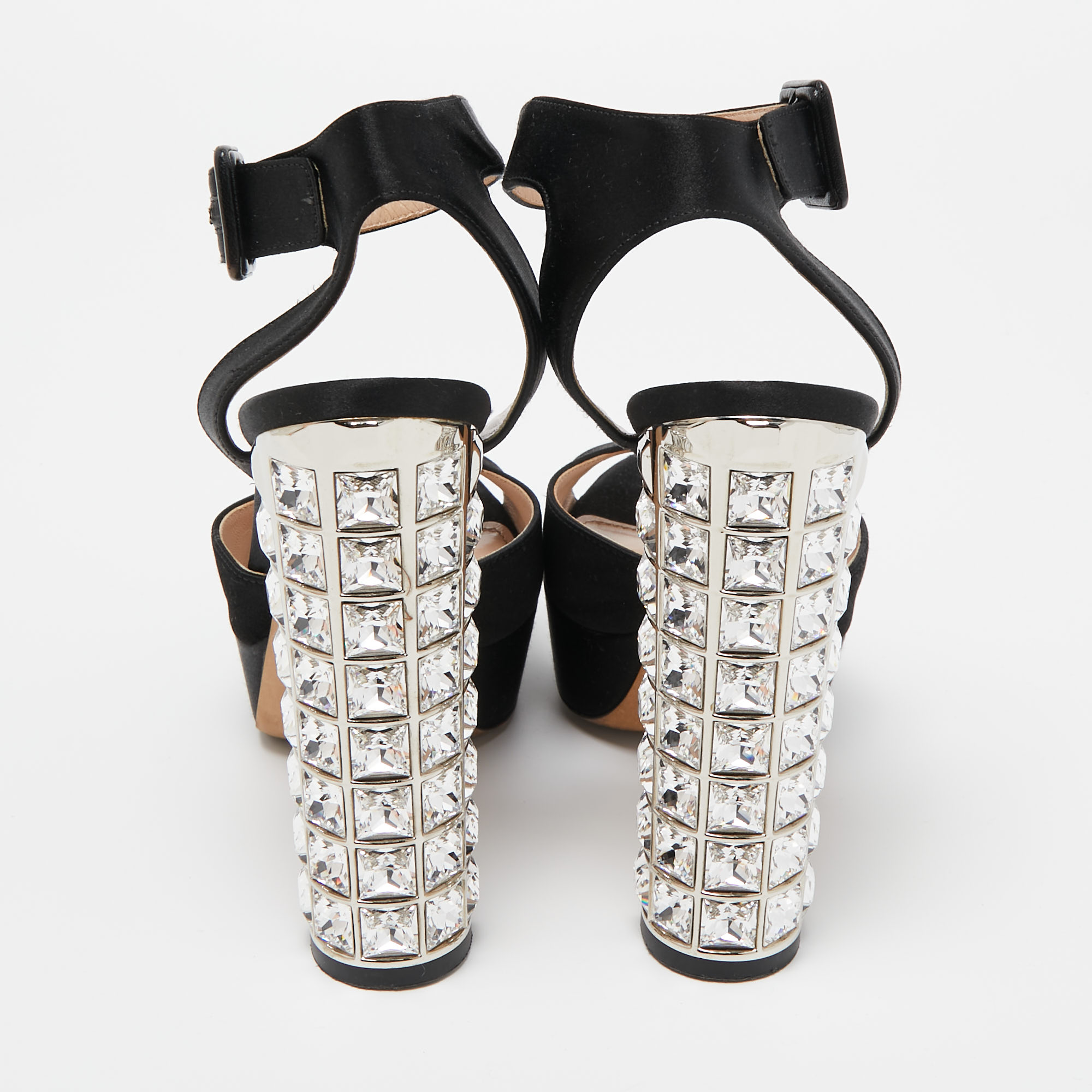 Miu Miu Black Satin Crystal Embellished Platform Ankle Strap Sandals Size 36.5
