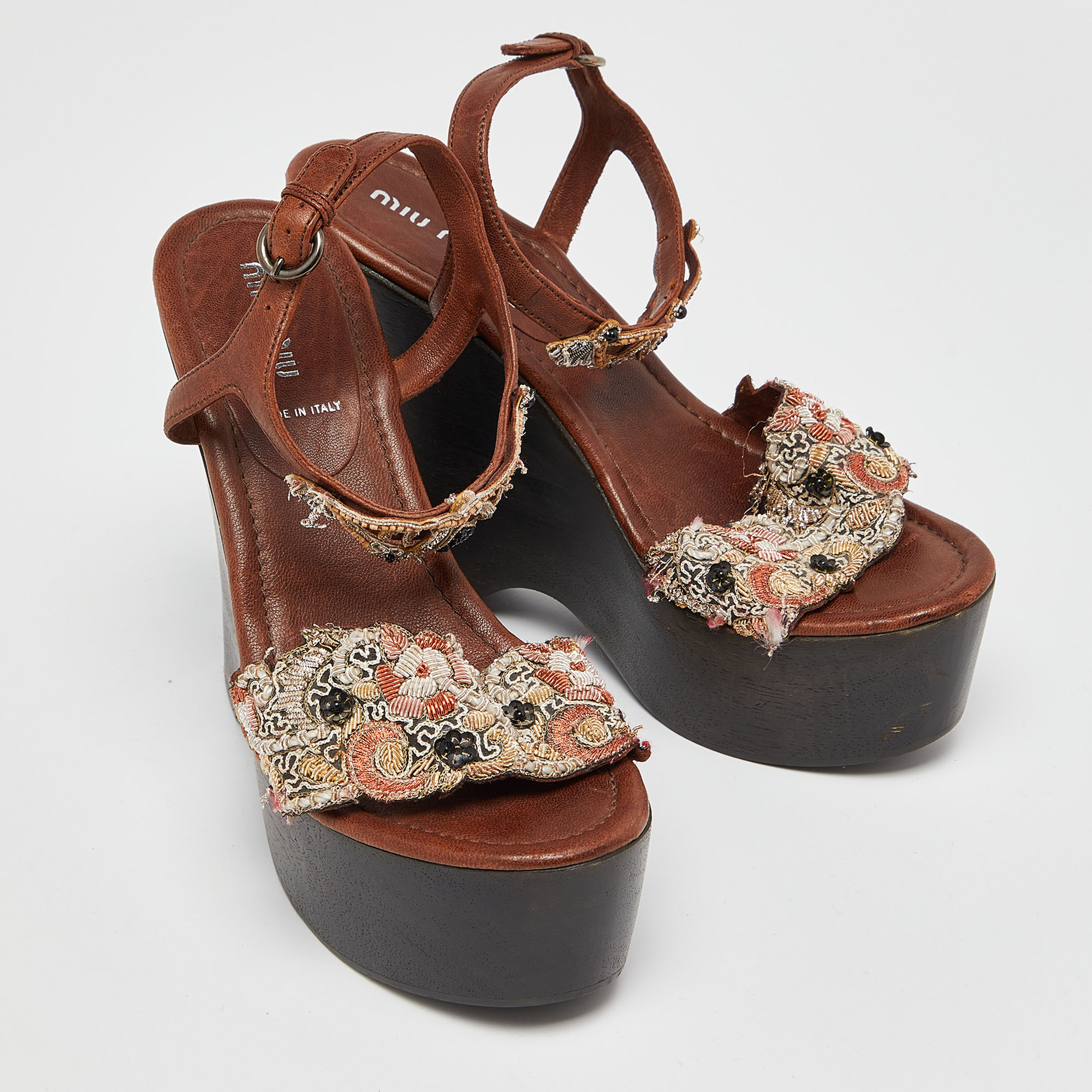 Miu Miu Brown Leather And Embroidered Fabric Wedge Platform Ankle Strap Sandals Size 37