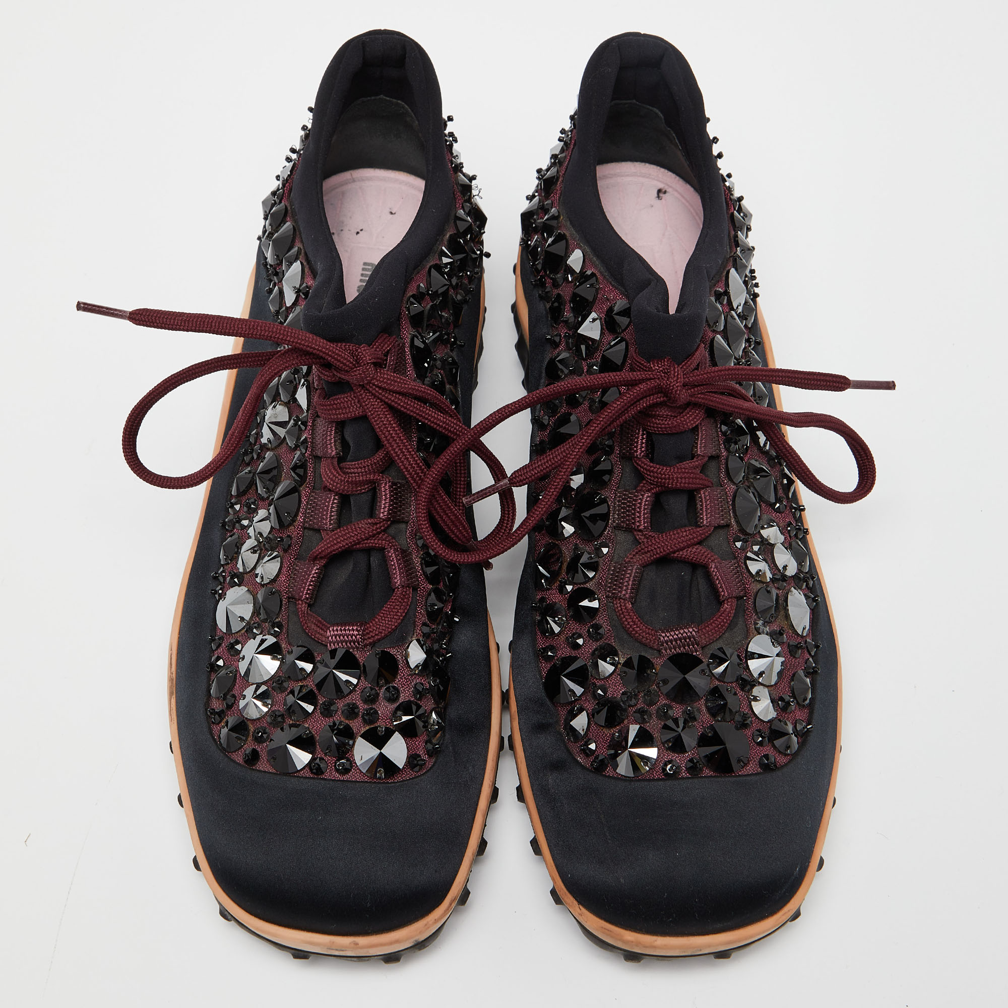 Miu Miu Black/Burgundy Embellished Fabric And Satin Astro Sneakers Size 39