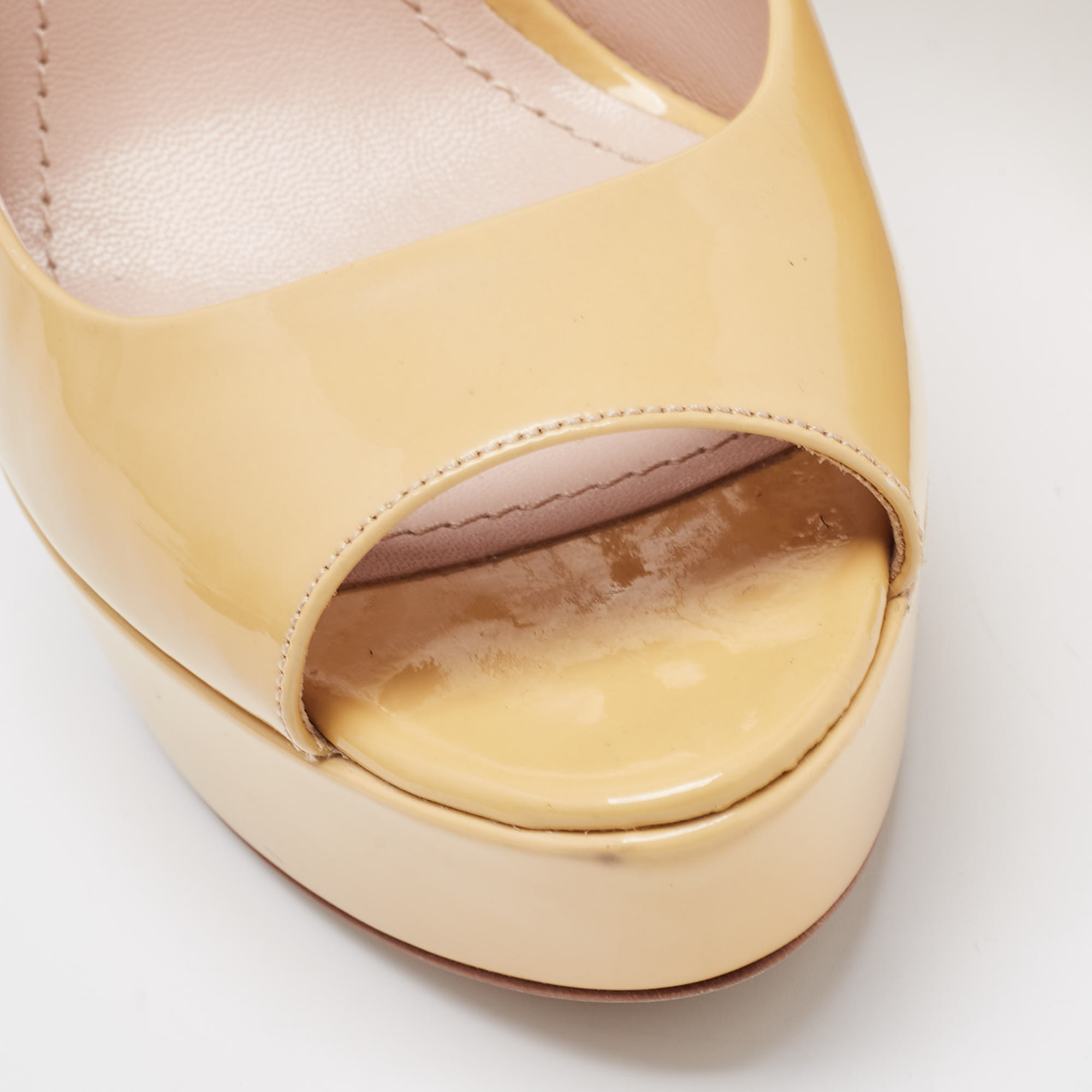 Miu Miu Beige Patent Leather Peep Toe Platform Pumps Size 36