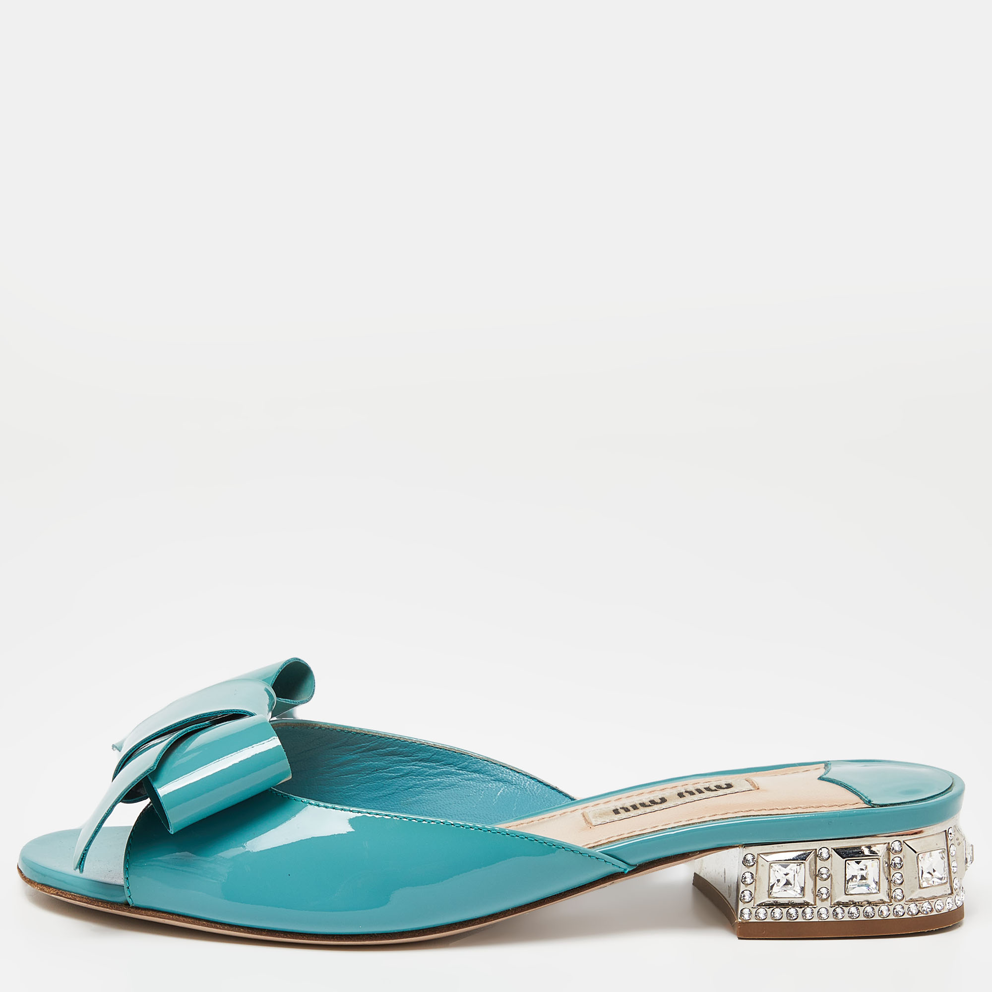 Miu Miu Green Patent Leather Bow Crystal Embellished Heel Slide Sandals Size 36