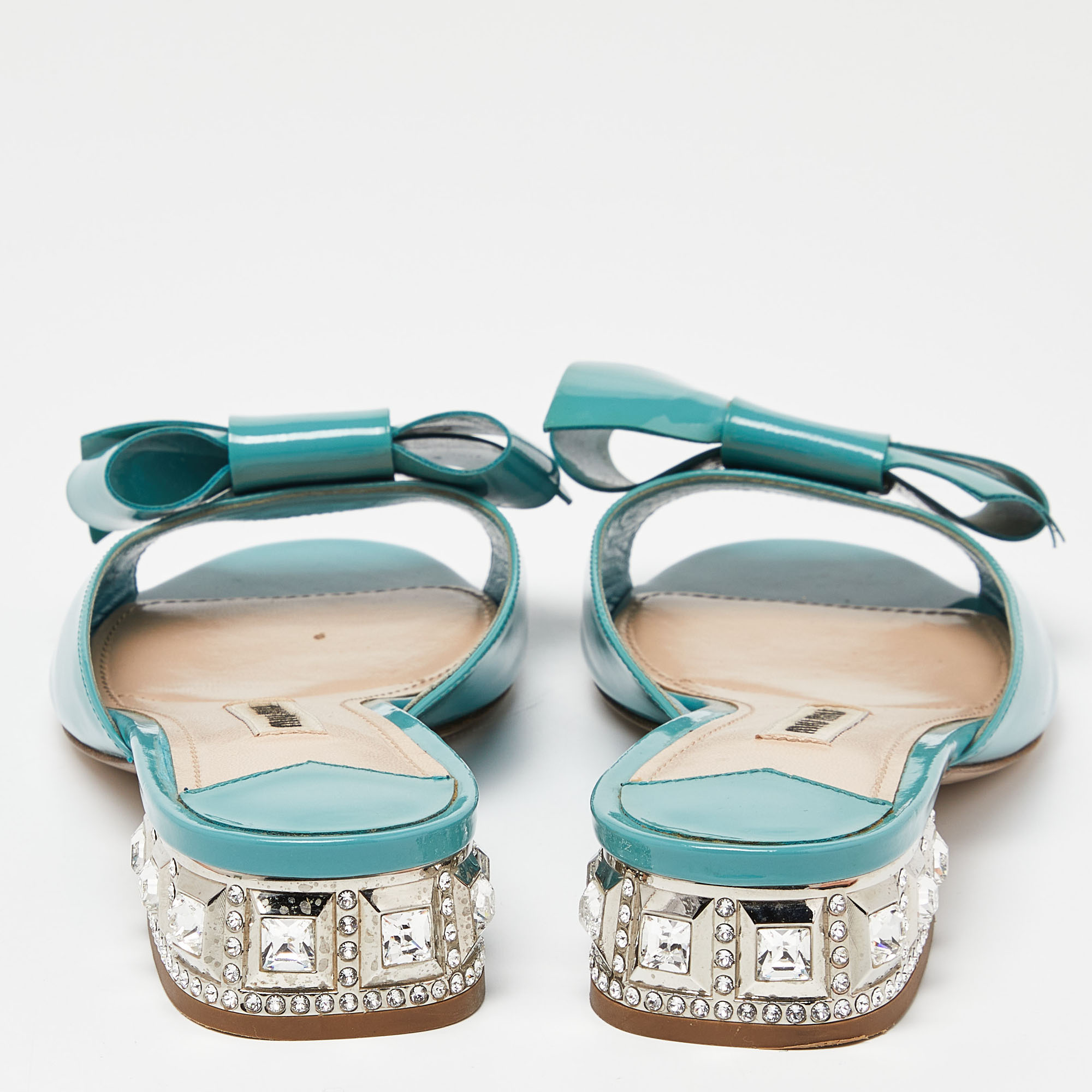 Miu Miu Green Patent Leather Bow Crystal Embellished Heel Slide Sandals Size 36