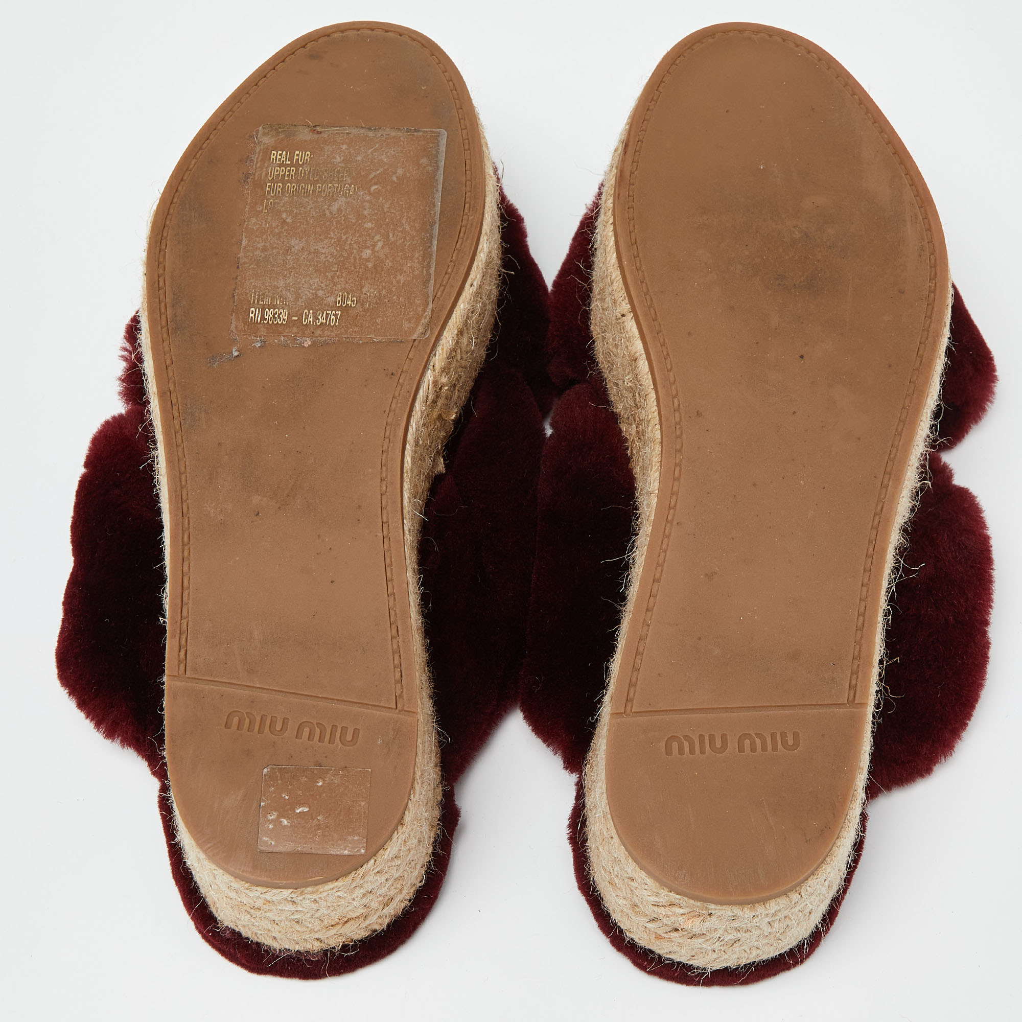 Miu Miu Burgundy Wool Cross Strap Platform Espadrille Sandals Size 39