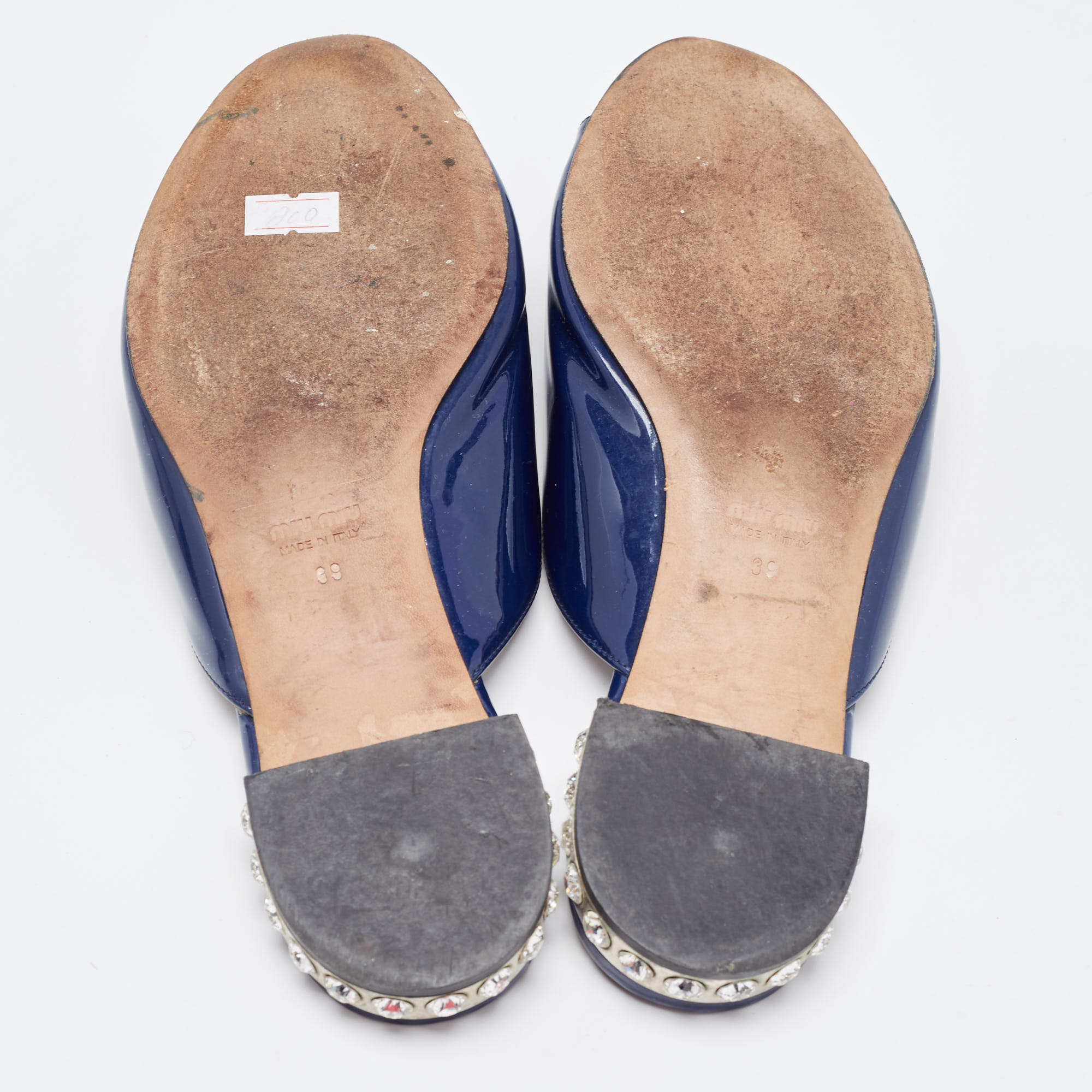 Miu Miu Navy Blue Patent Leather Bow Detail Jeweled Heel Flat Slides Size 39