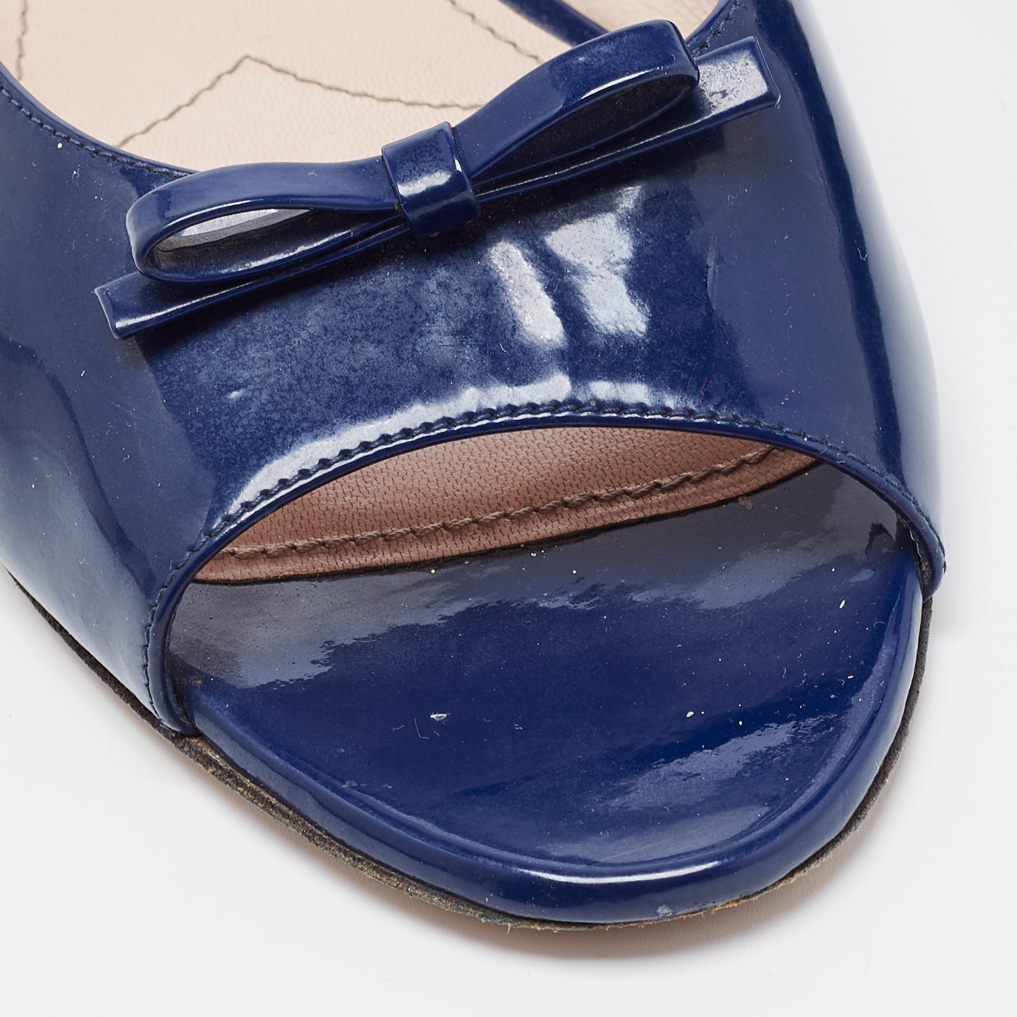 Miu Miu Navy Blue Patent Leather Bow Detail Jeweled Heel Flat Slides Size 39