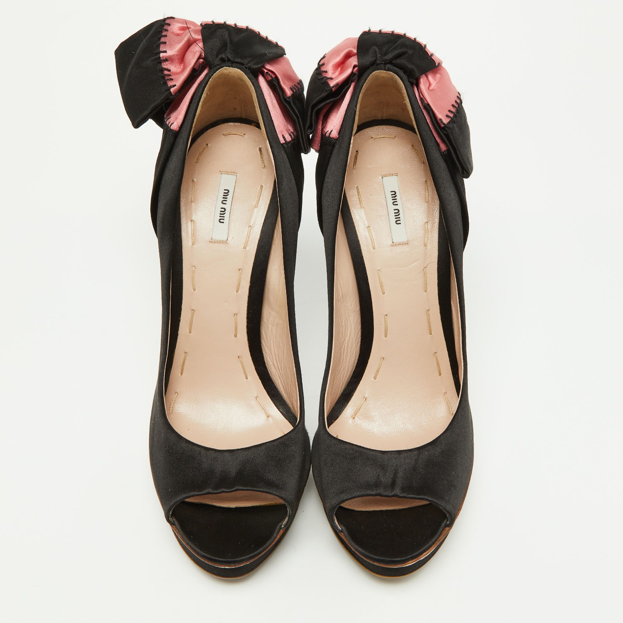 Miu Miu Black/Pink Satin Bow Peep Toe Pumps Size 38.5