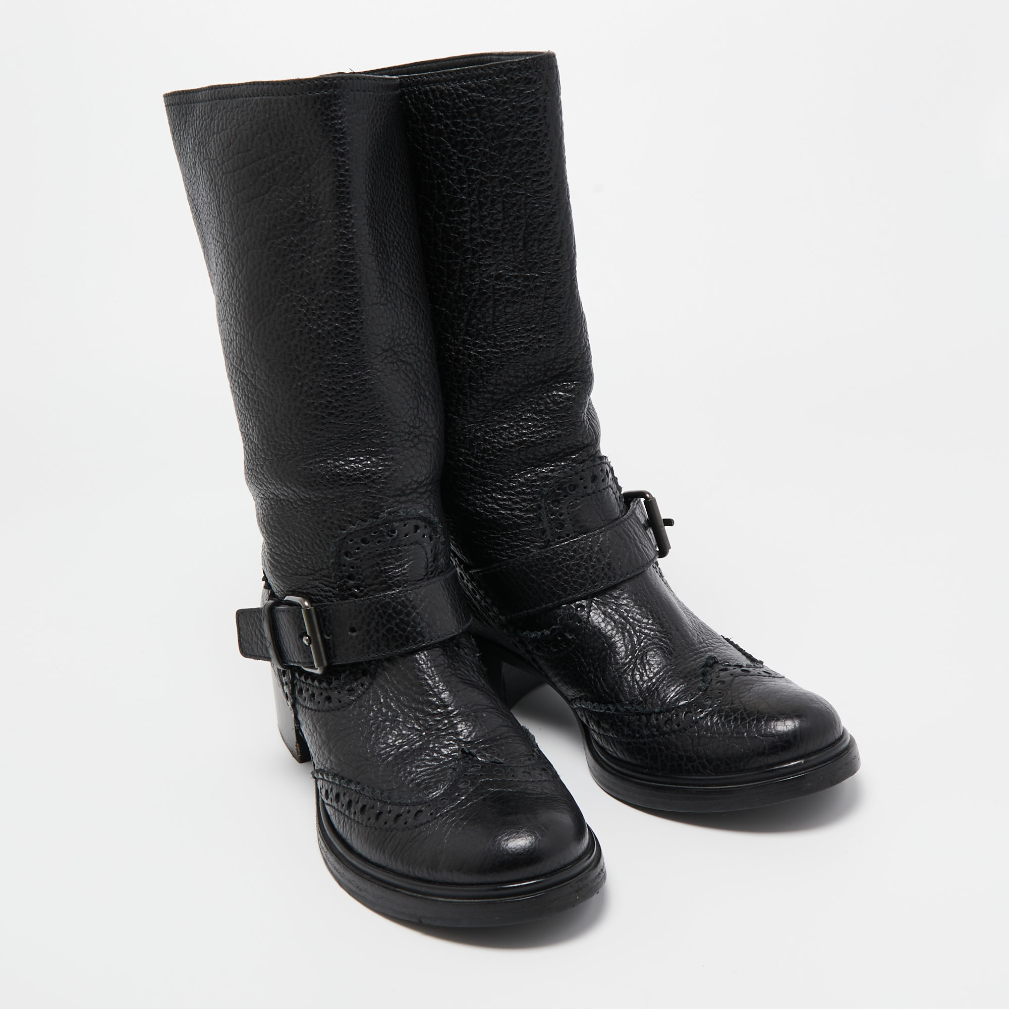 Miu Miu Black Brogue Leather Buckle Detail Mid Calf Boots Size 38.5