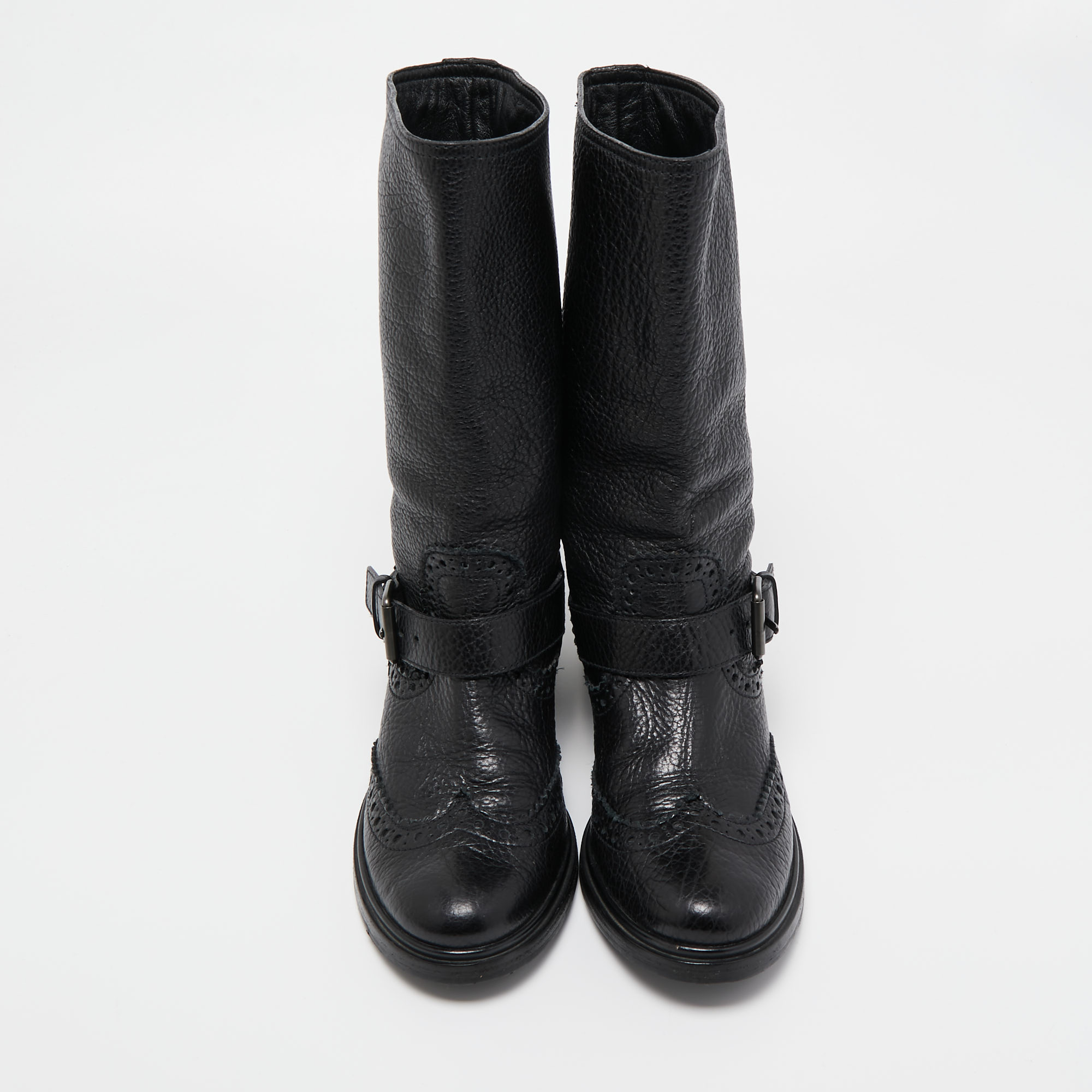 Miu Miu Black Brogue Leather Buckle Detail Mid Calf Boots Size 38.5