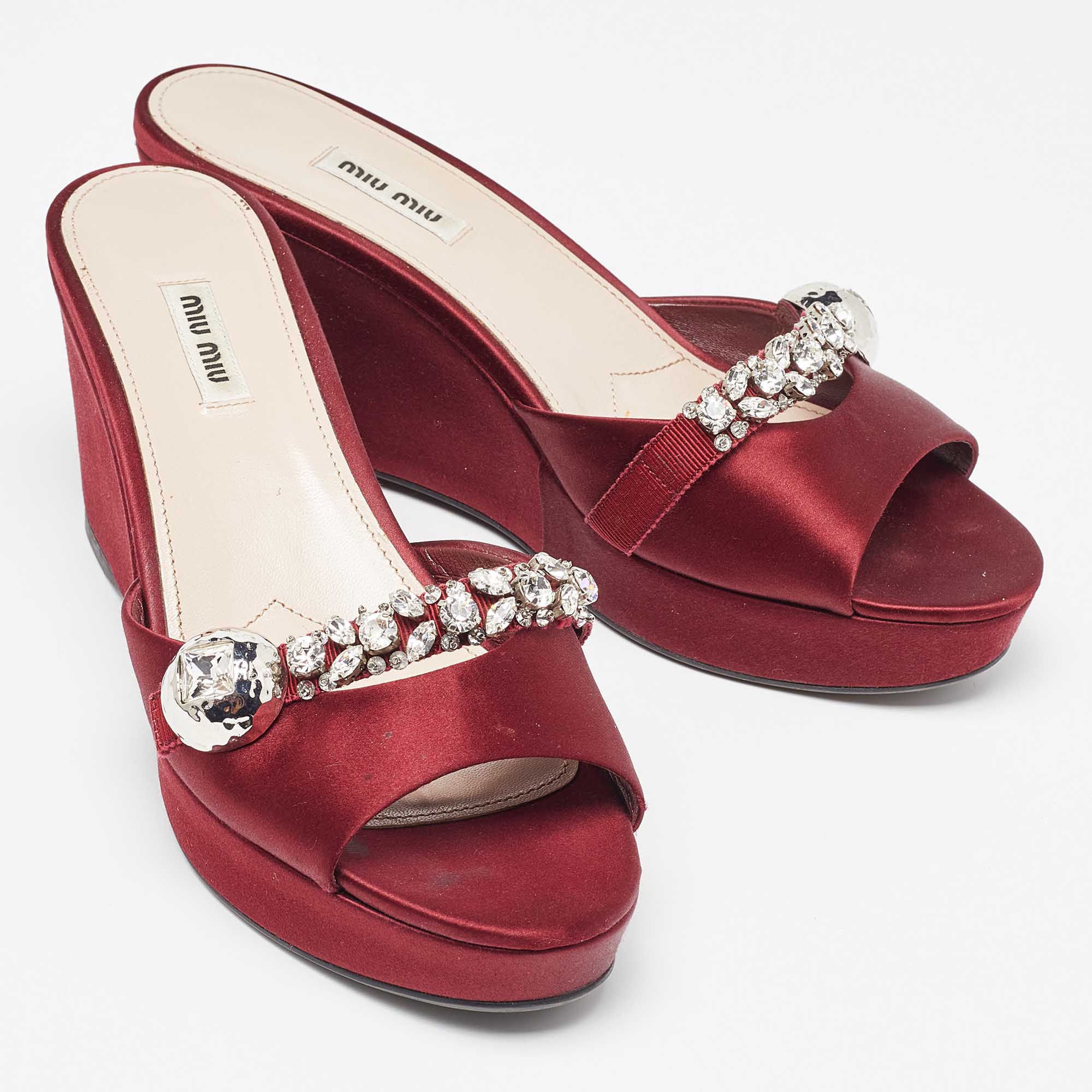 Miu Miu Burgundy Satin Crystal Embellished Wedge Platform Slide Sandals Size 41