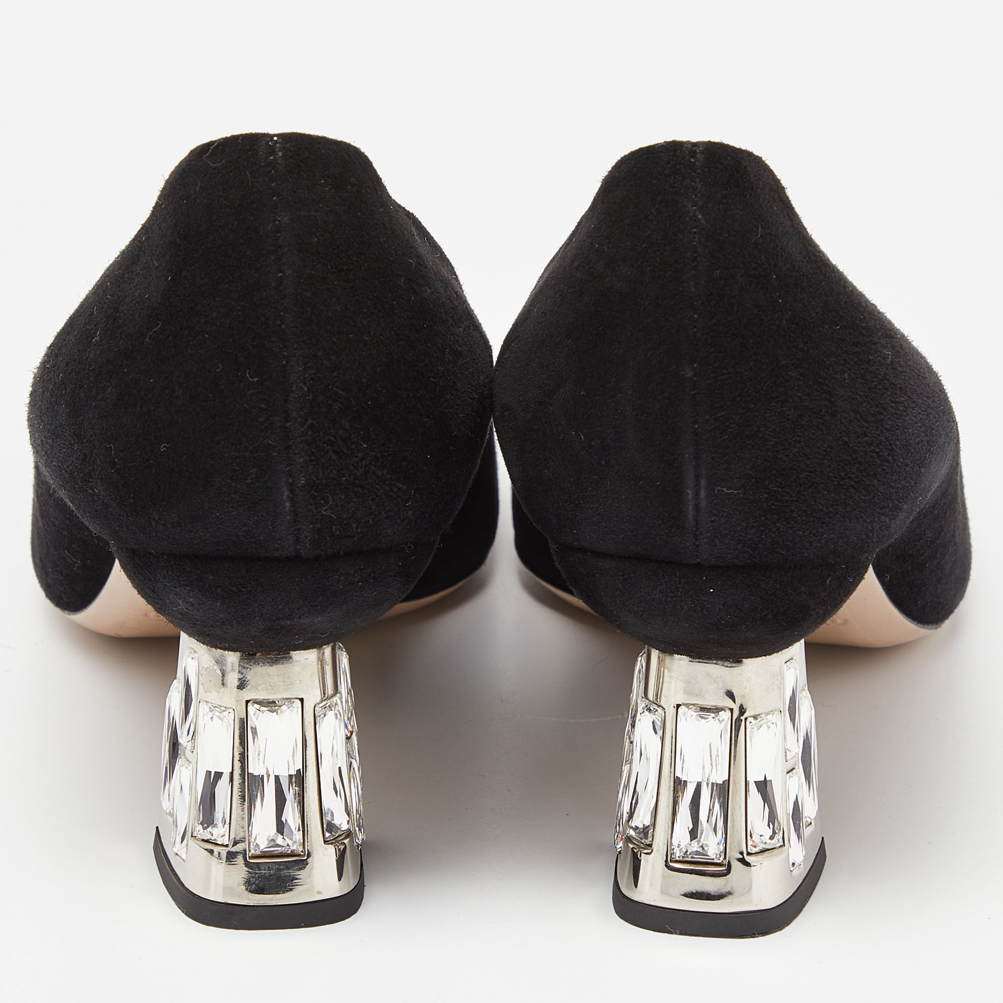 Miu Miu Black Suede Crystal Embellished Block Heel Pumps Size 38