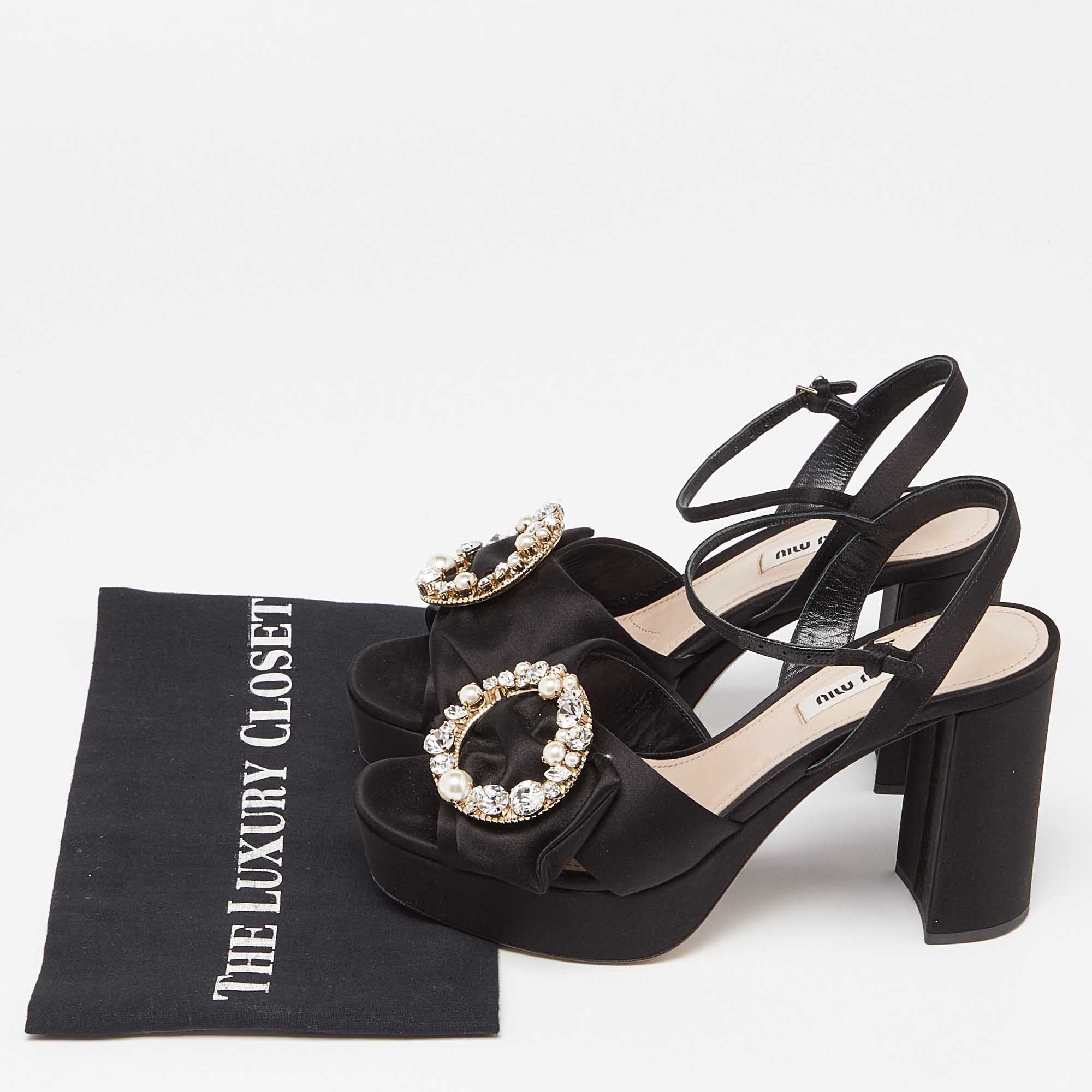 Miu Miu Black Satin Crystal Embellished Block Heel Ankle Strap Platform Sandals Size 39