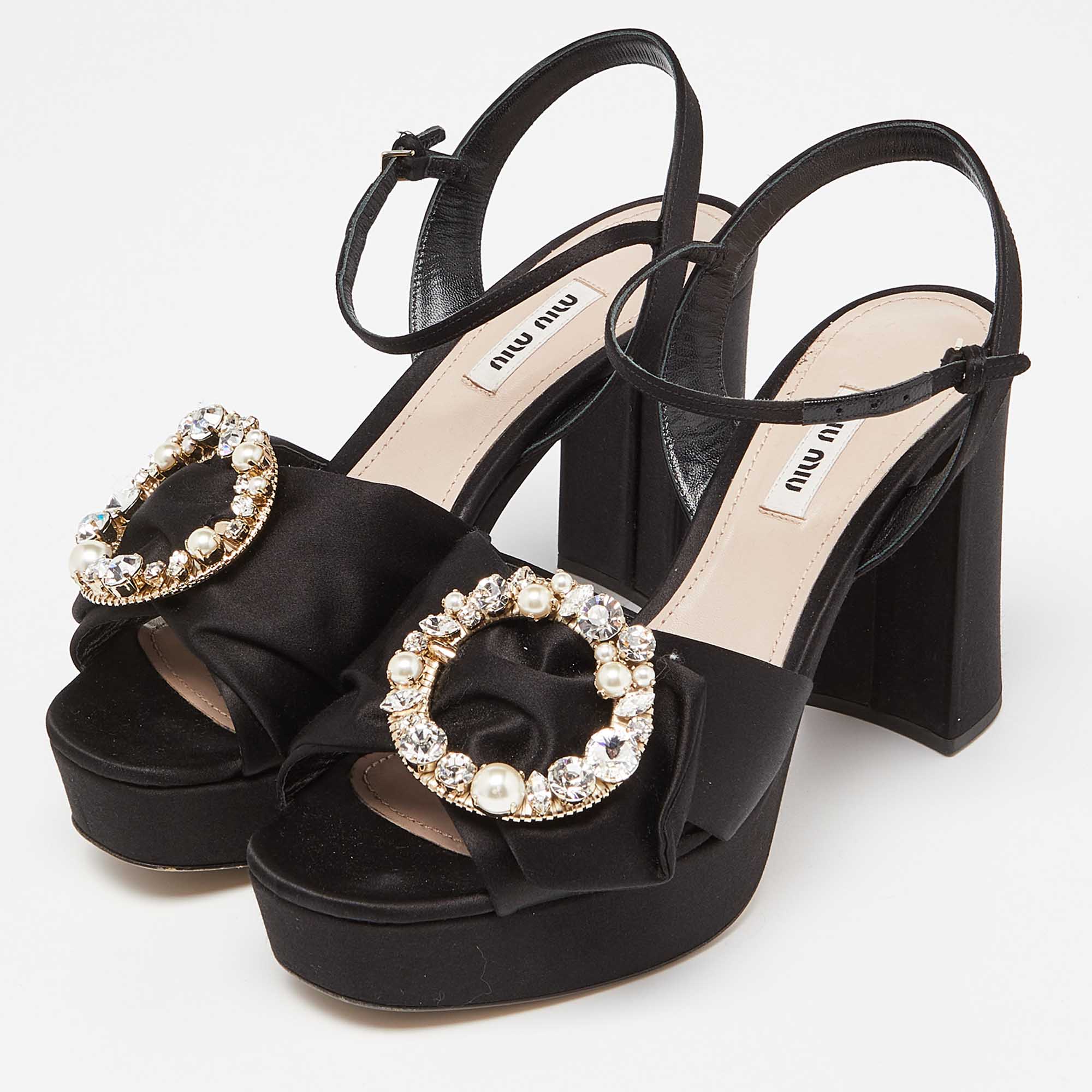 Miu Miu Black Satin Crystal Embellished Block Heel Ankle Strap Platform Sandals Size
Miu Miu Black Satin Crystal Embellished Block Heel Ankle Strap Platform Sandals Size