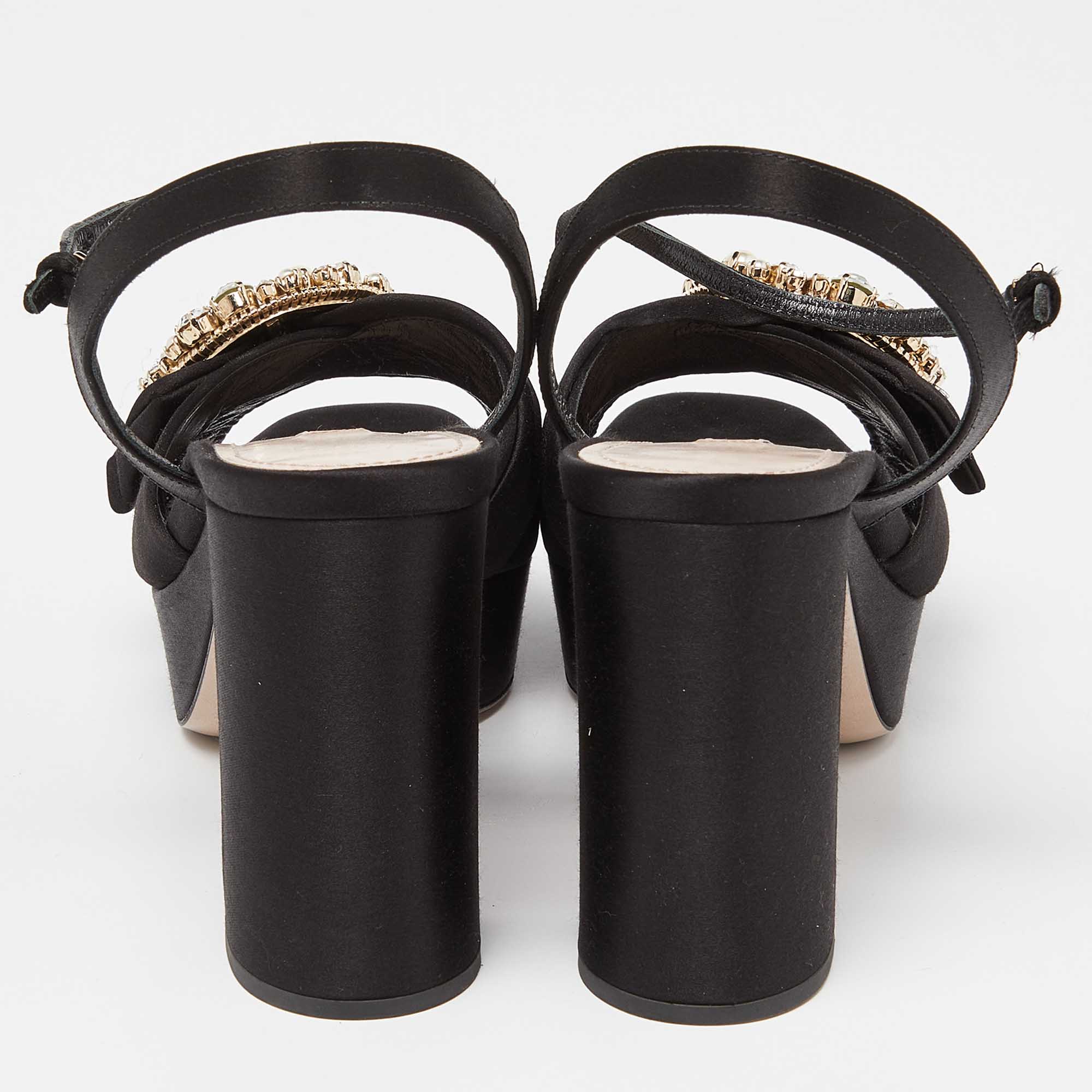 Miu Miu Black Satin Crystal Embellished Block Heel Ankle Strap Platform Sandals Size 39