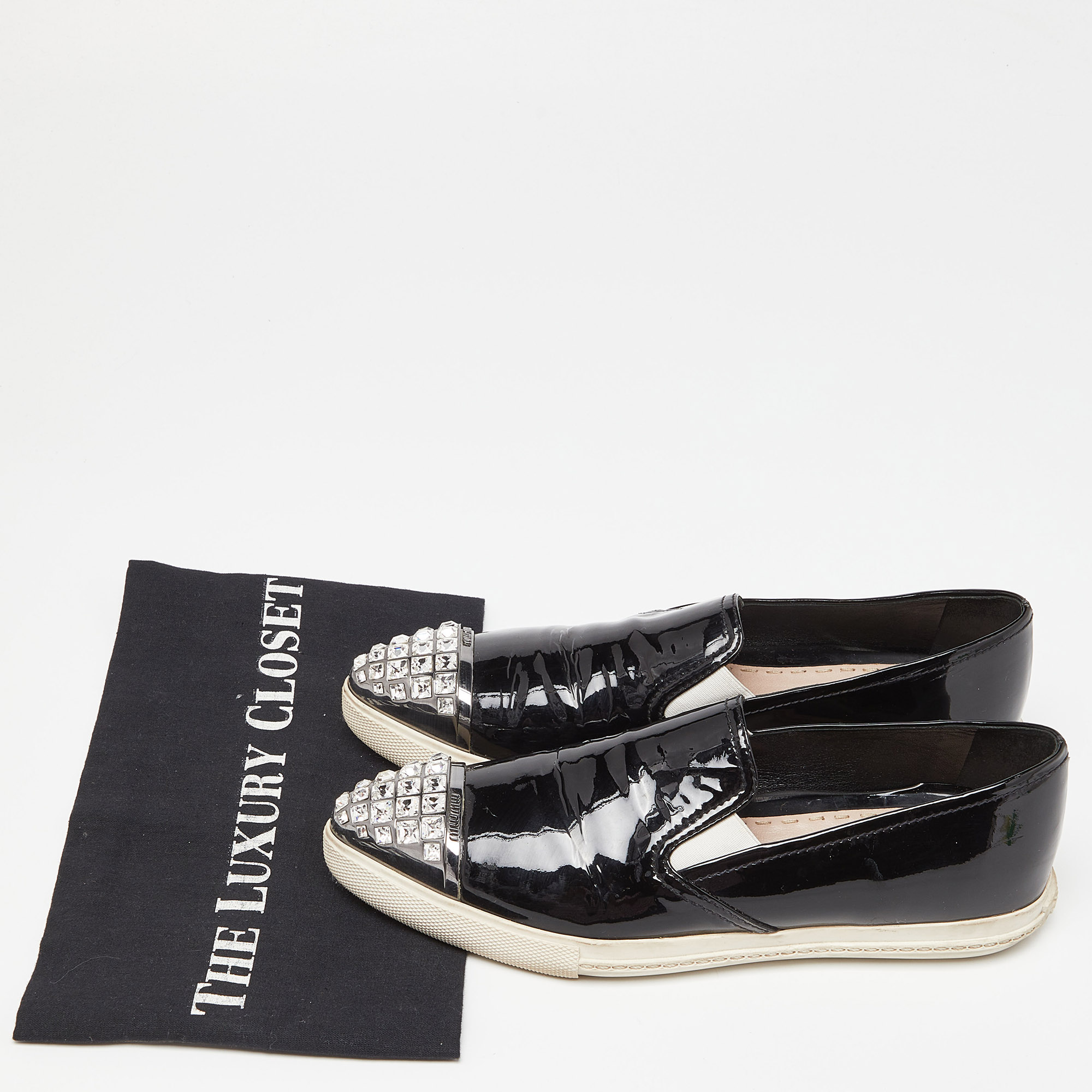 Miu Miu Black Patent Leather Crystals Embellished Slip On Loafers Size 37