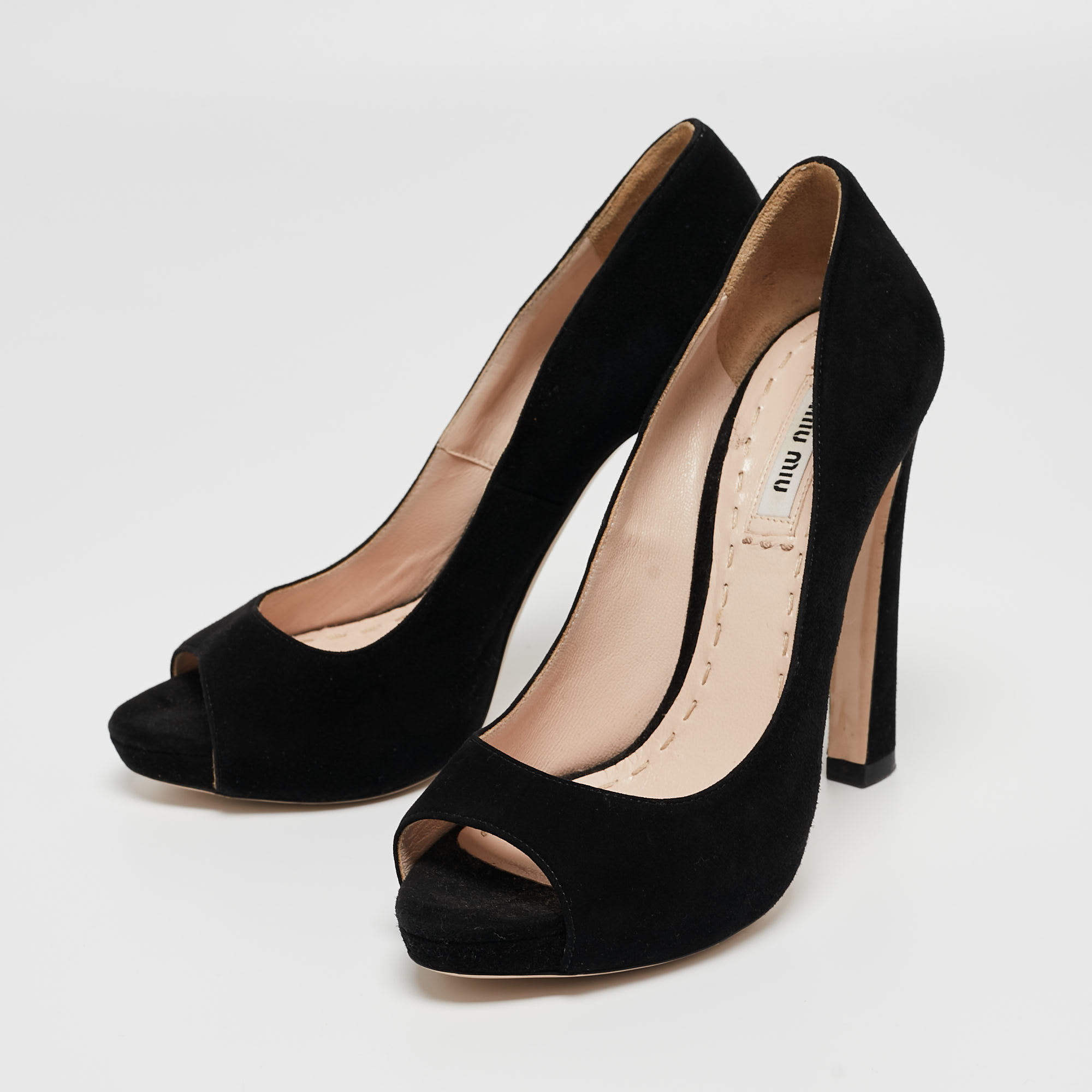 Miu Miu Black Suede Peep Toe Pumps Size 36.5