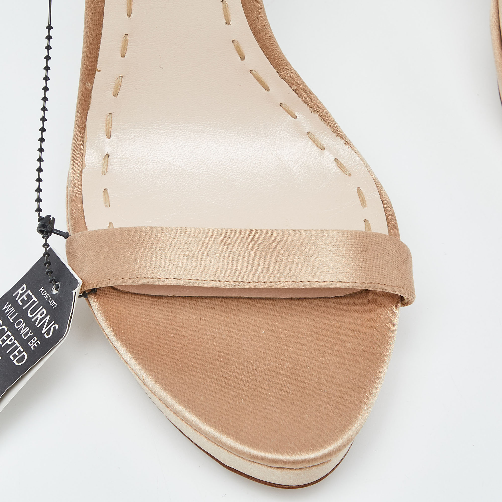 Miu Miu Beige Satin T Strap Crystal Embellished Heel Peep Toe Platform Sandals Size 37.5