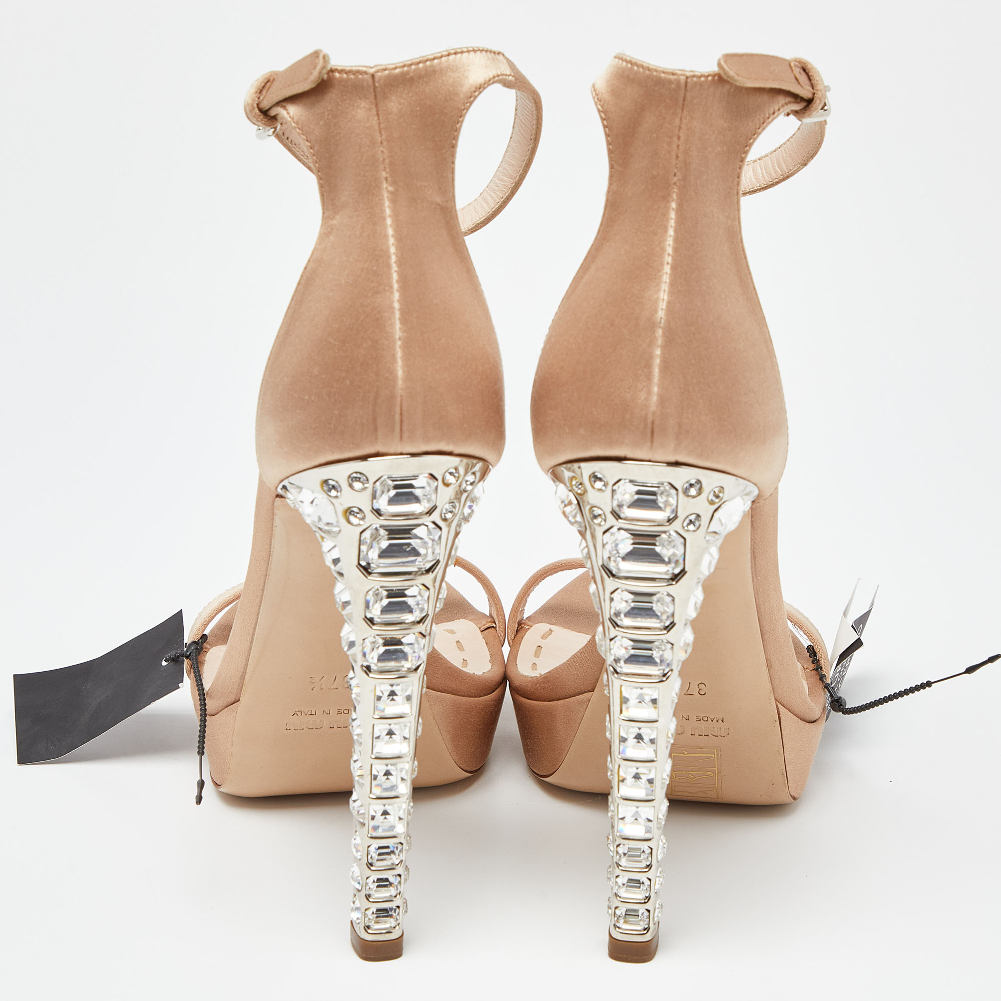 Miu Miu Beige Satin T Strap Crystal Embellished Heel Peep Toe Platform Sandals Size 37.5