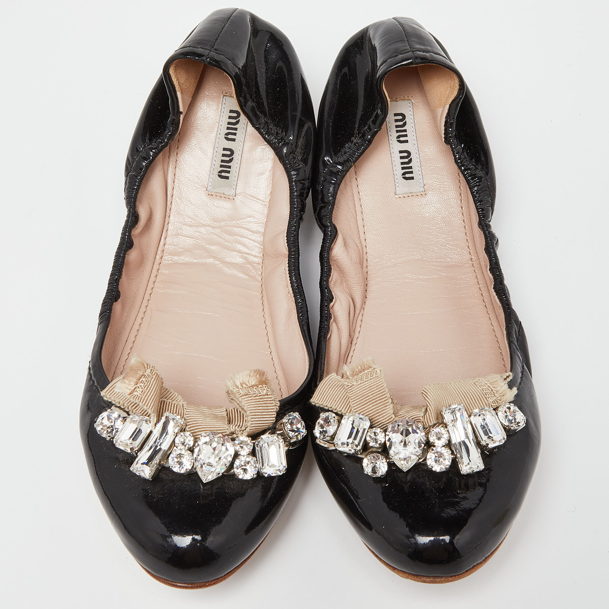 Miu Miu Black Patent Leathre Crystals Embellished Scrunch Ballet Flats Size 38
