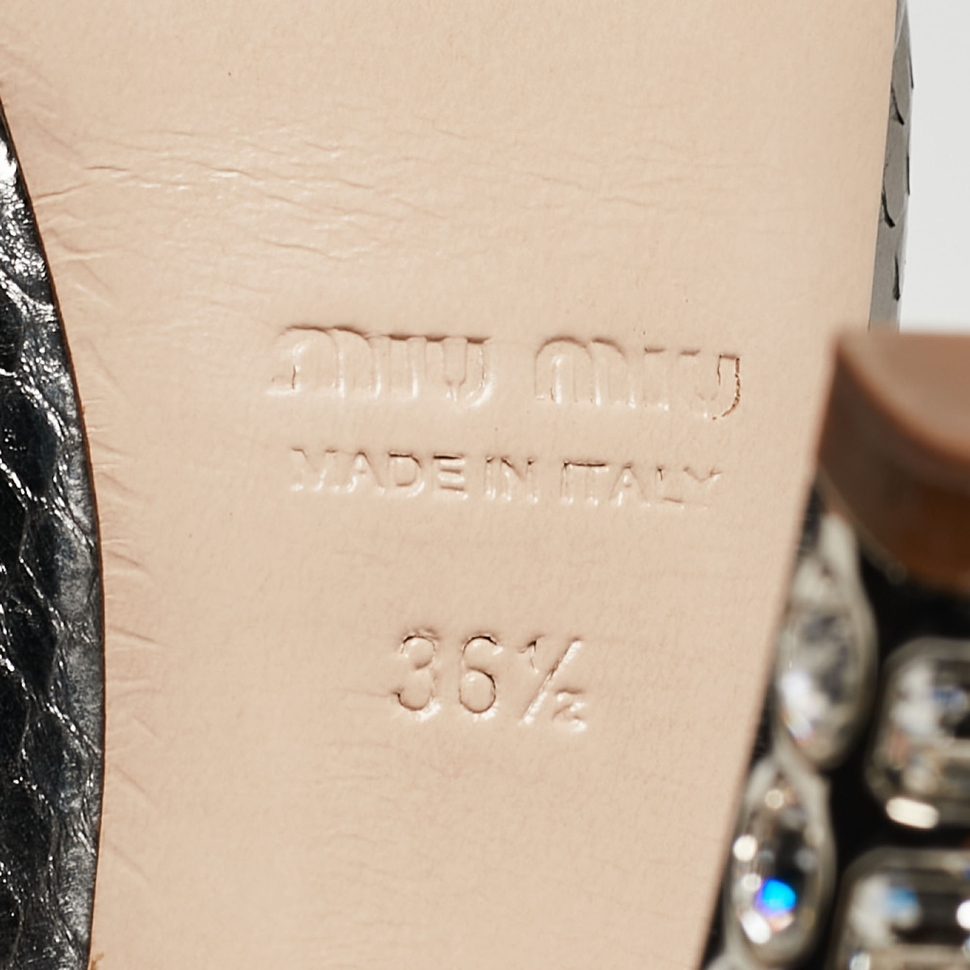 Miu Miu Silver Python Embossed Leather Crystal Embellished Heel Peep Toe Platform Pumps Size 36.5