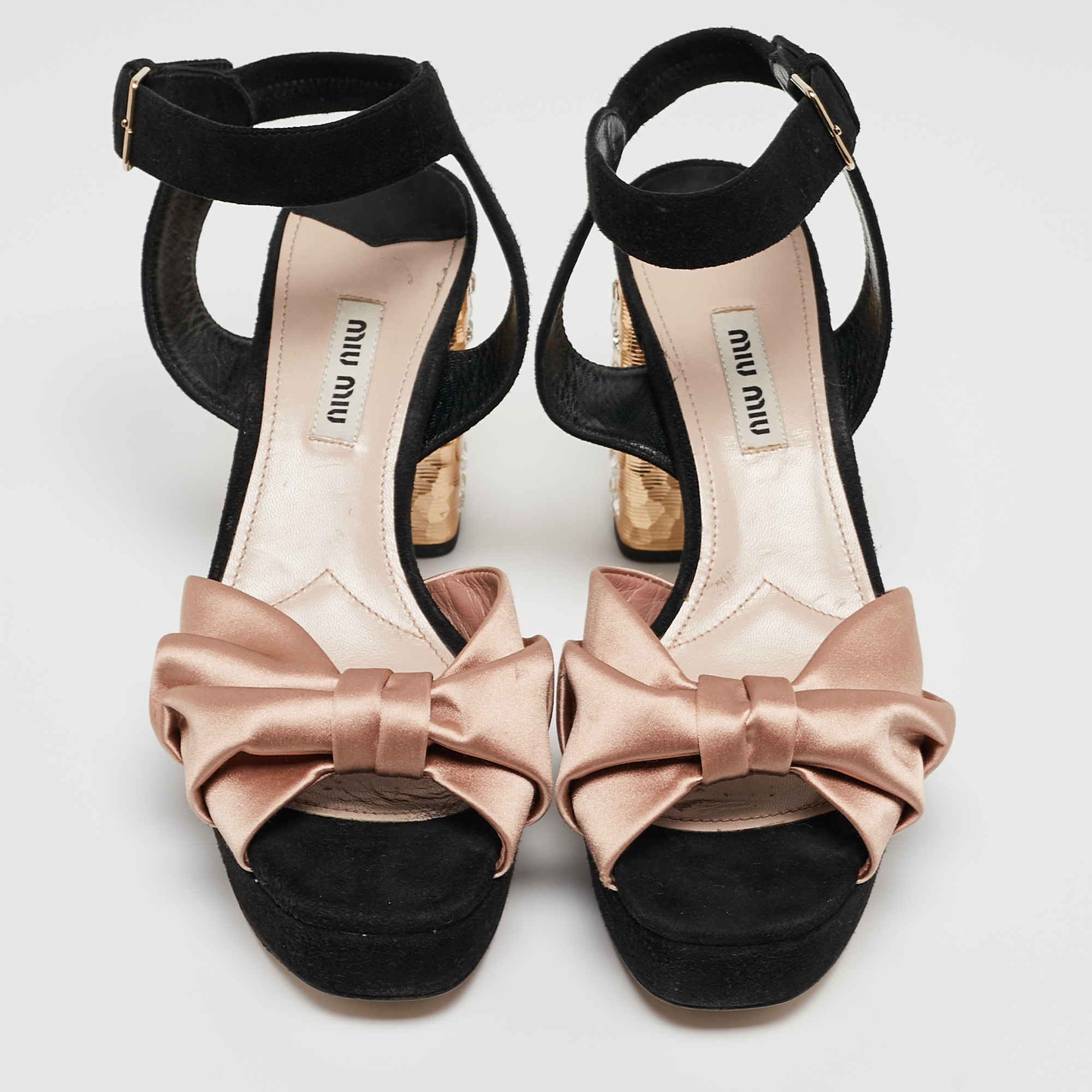 Miu Miu Black/Pink Suede And Satin Bow Crystal Embellished Heel Platform Ankle Strap Sandals Size 37