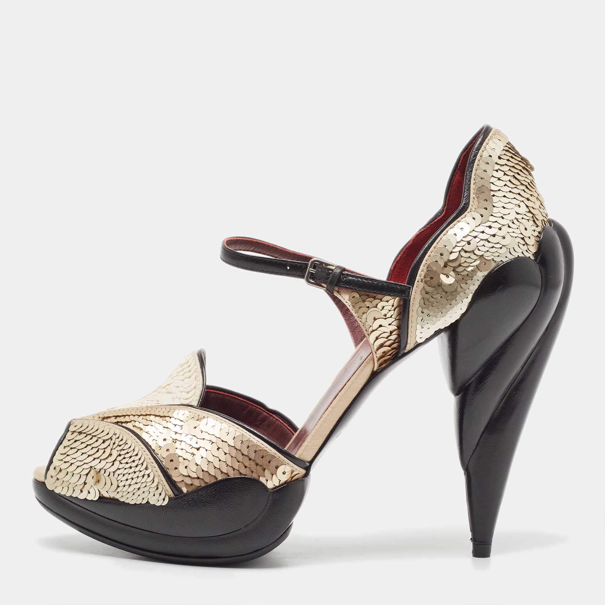 Miu Miu Gold/Black Sequin And Leather Marry Jane Pumps Size 40.5