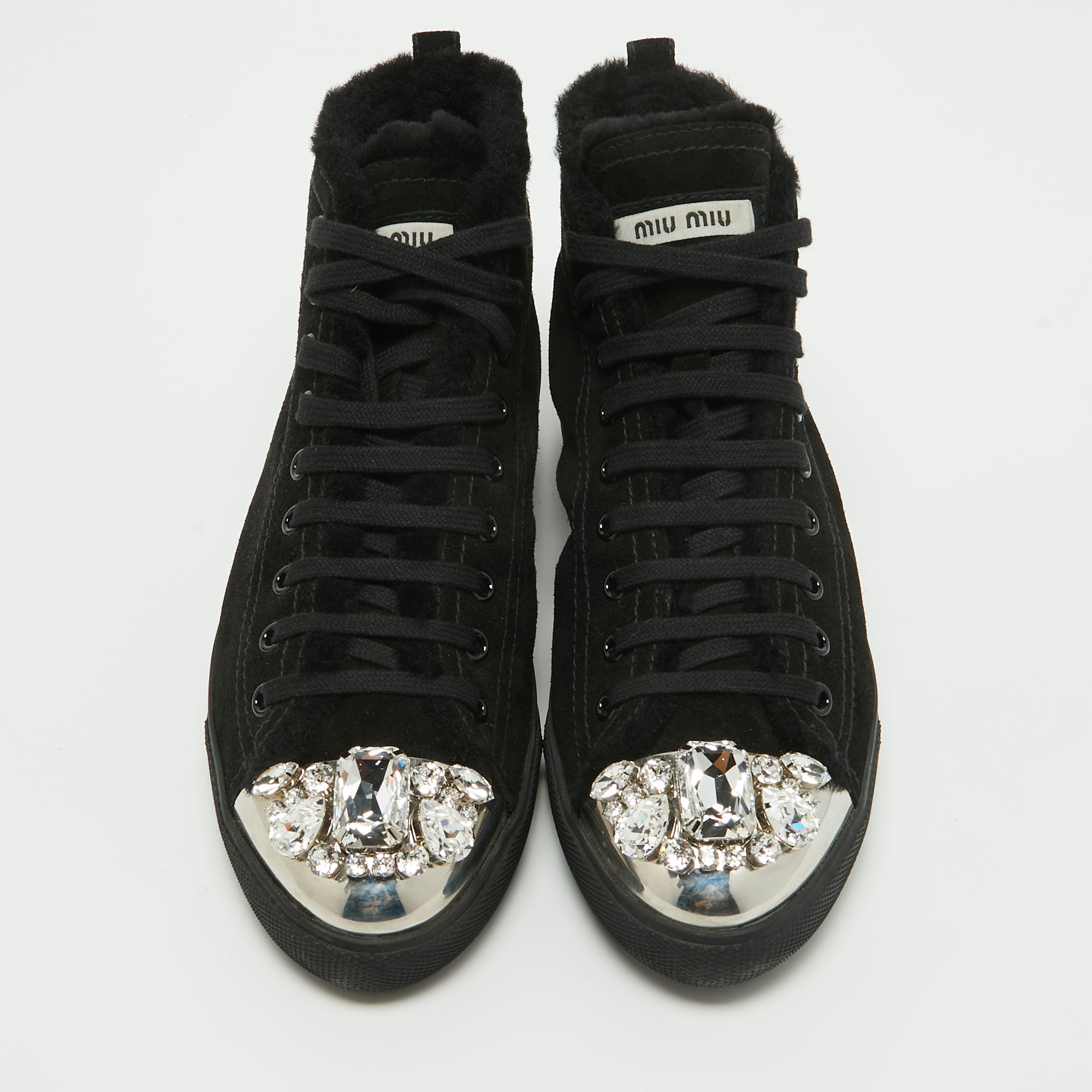 Miu Miu Black Suede Crystal Embellished Cap Toe Sneakers Size 39