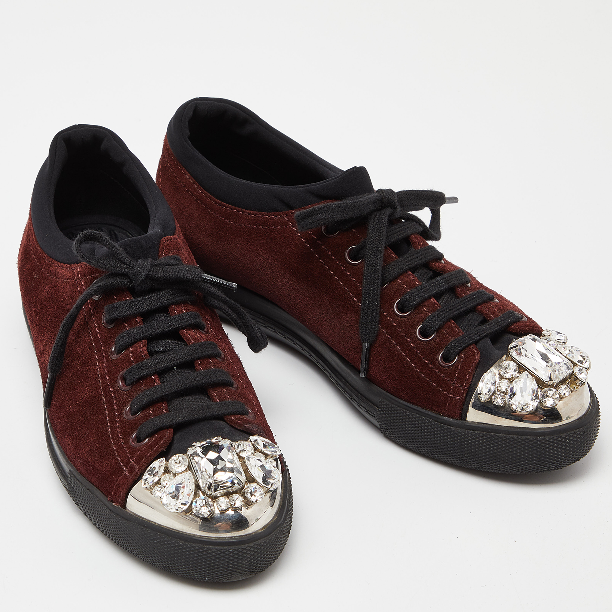 Miu Miu Brown/Black Suede And Neoprene Crystal Cap Toe Sneakers Size 38.5