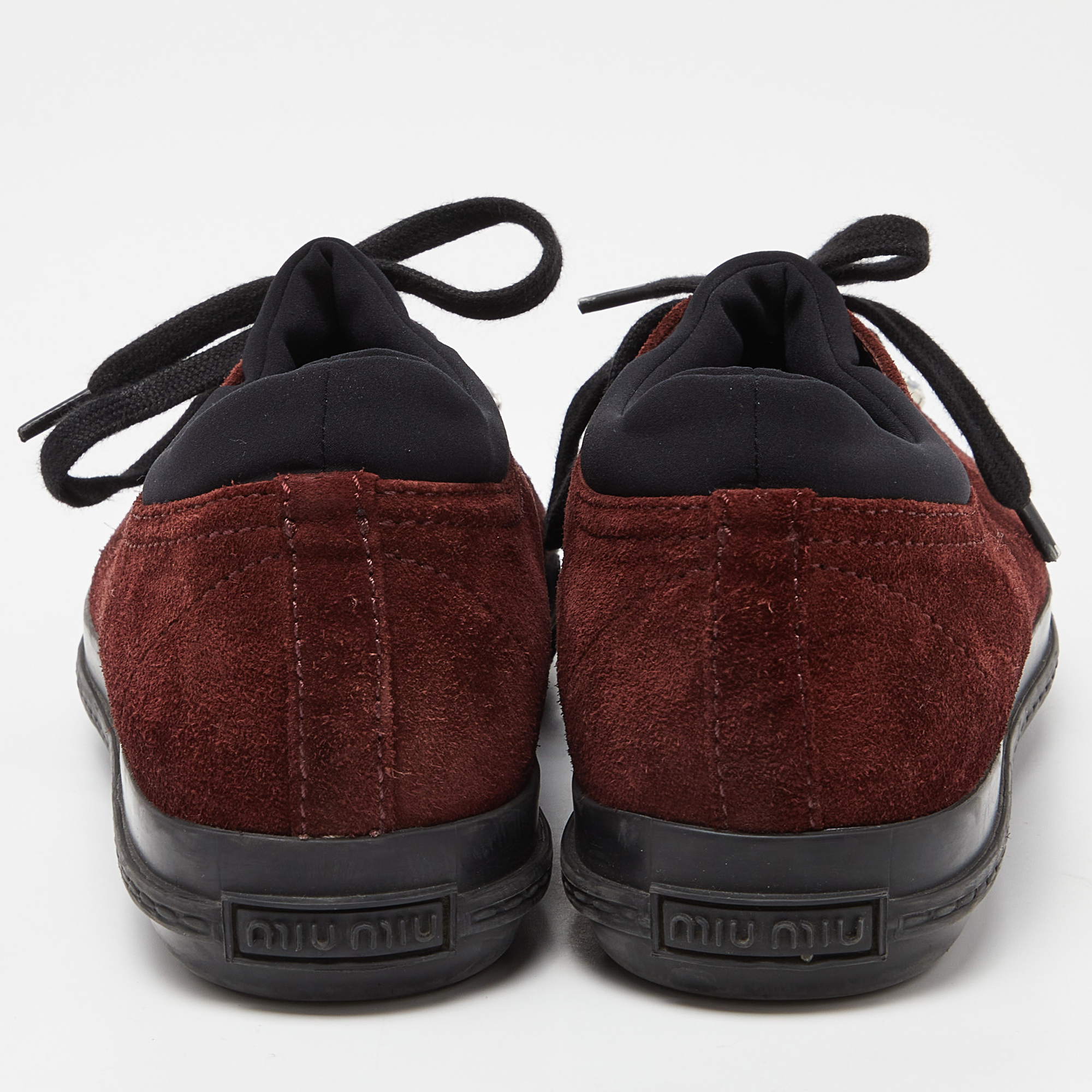 Miu Miu Brown/Black Suede And Neoprene Crystal Cap Toe Sneakers Size 38.5