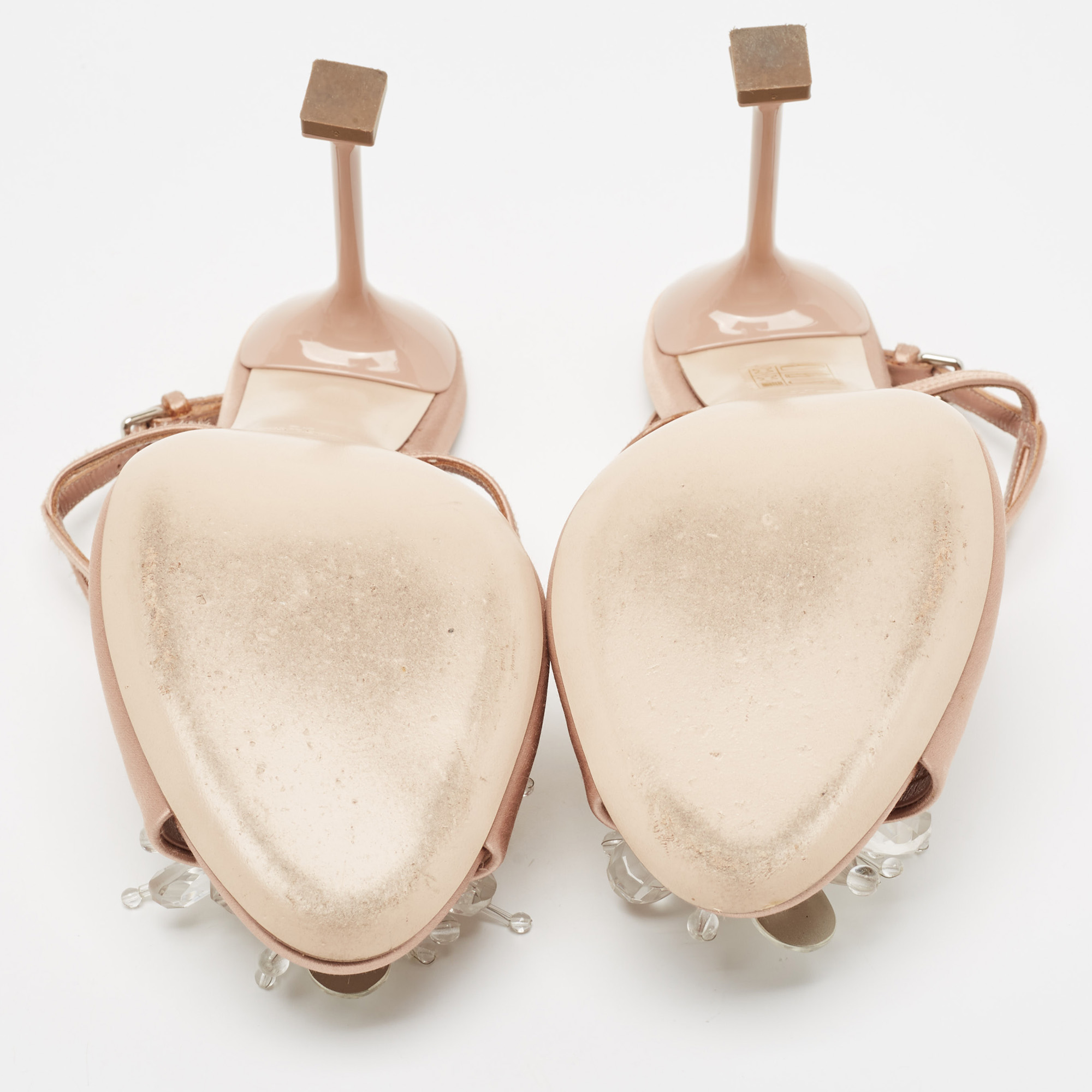Miu Miu Beige Satin Crystal Embellished Ankle Strap Sandals Size 39