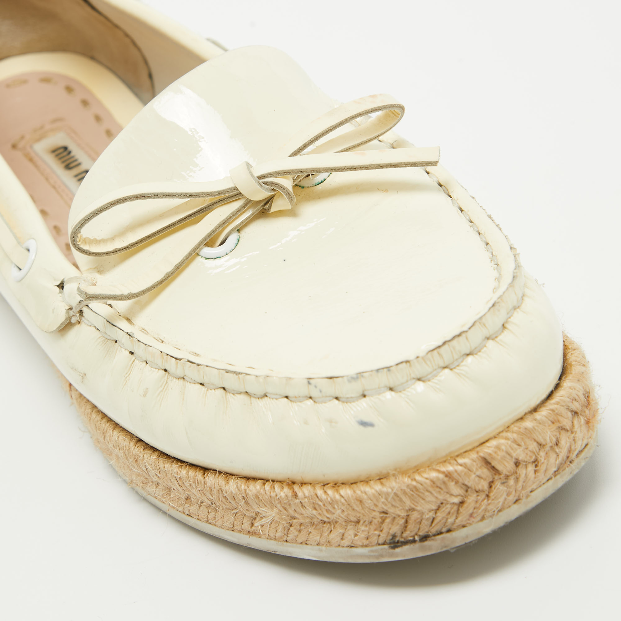 Miu Miu Cream Patent Leather Bow Espadrille Loafers Size 35.5