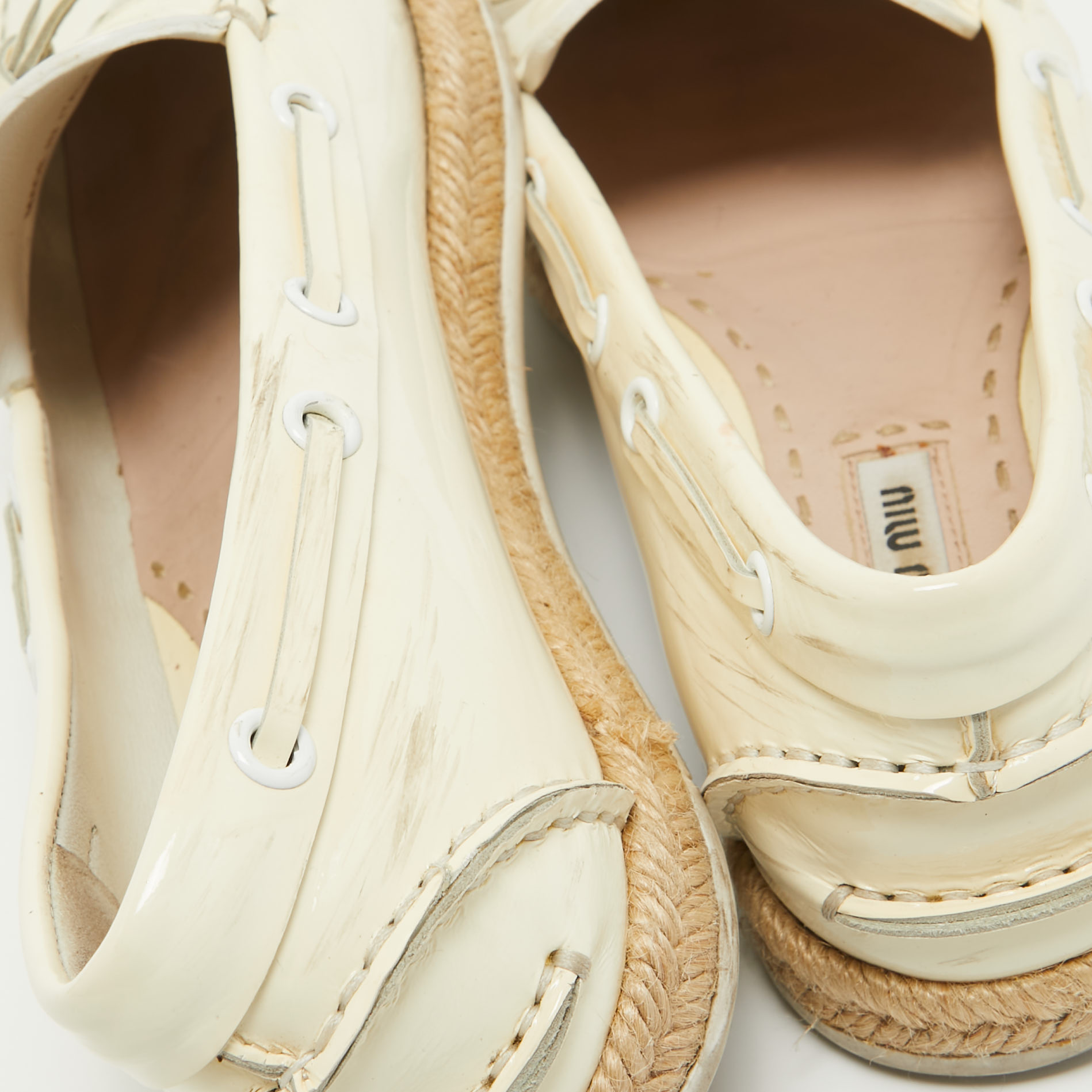 Miu Miu Cream Patent Leather Bow Espadrille Loafers Size 35.5