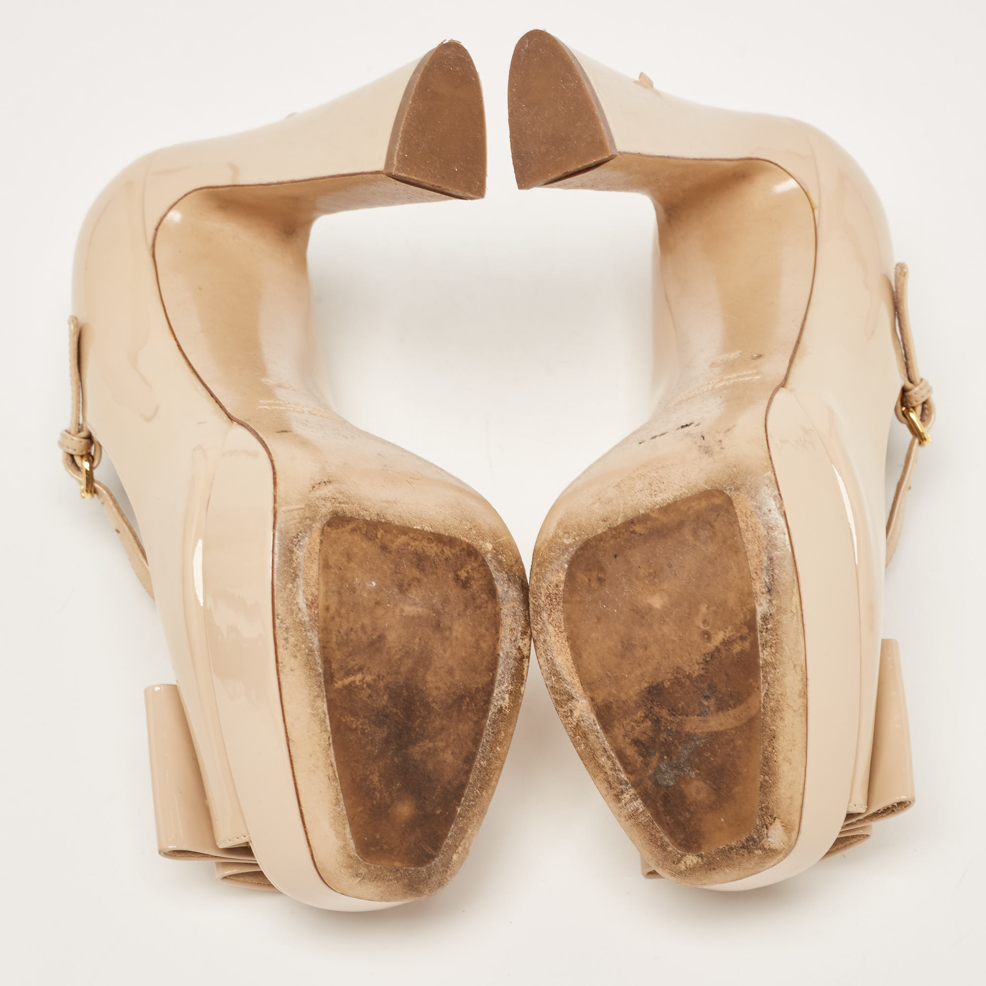 Miu Miu Beige Patent Leather Bow Platform Open Toe Mary Jane Pumps Size 36