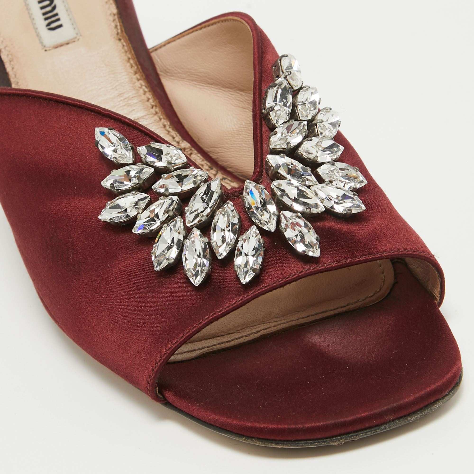 Miu Miu Burgundy Satin Crystal Embellished Slide Sandals Size 41