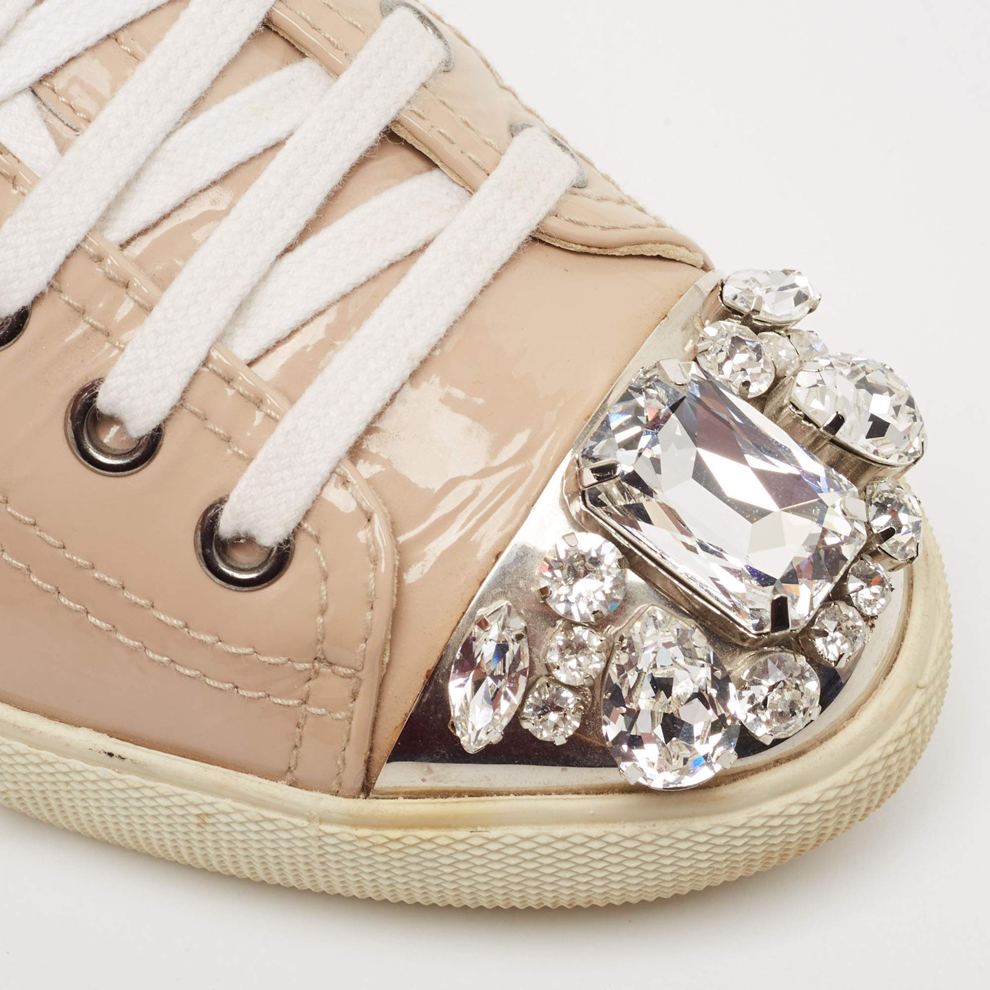 Miu Miu Beige Patent Leather Crystal Embellished Cap Toe Low Top Sneakers Size 36