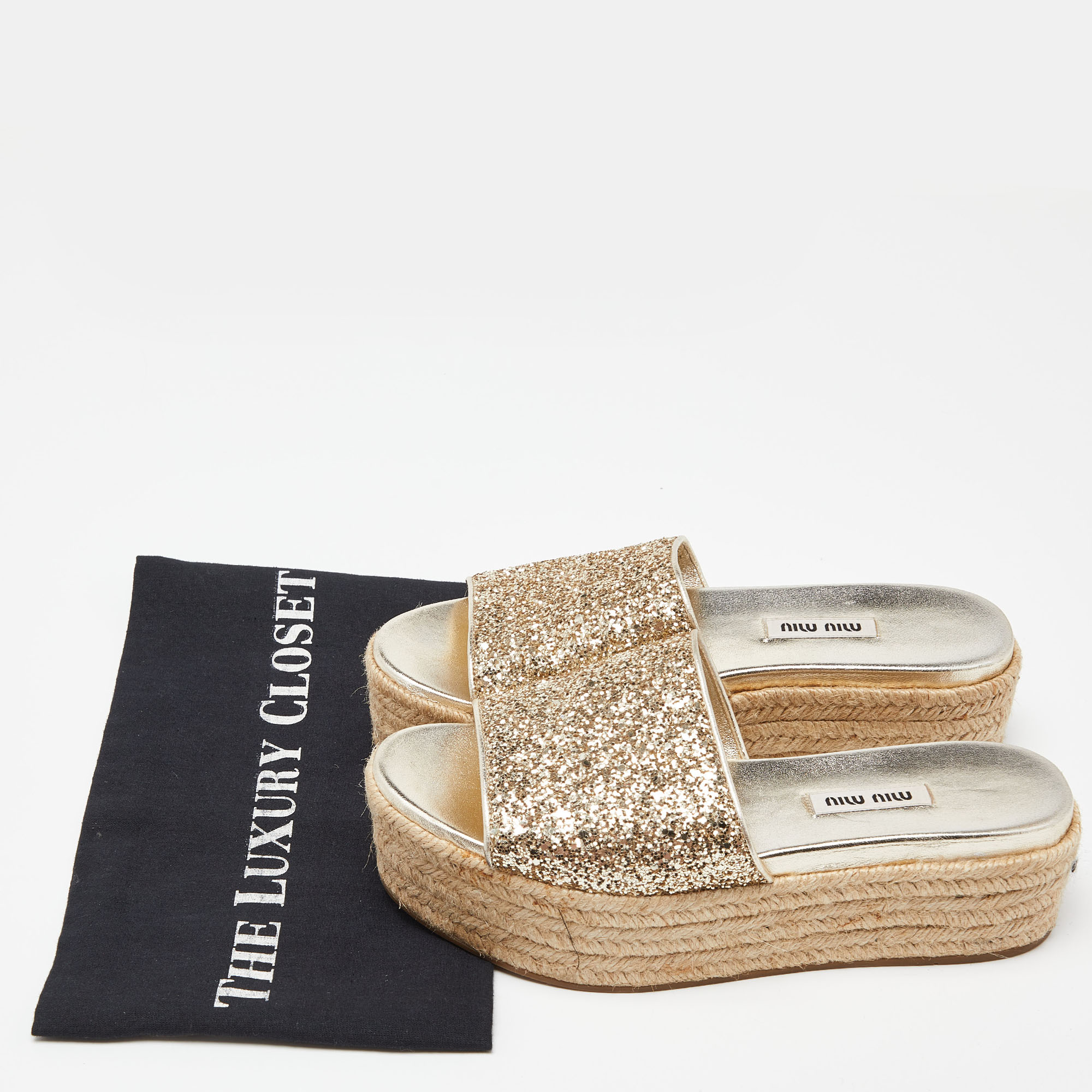 Miu Miu Metallic Gold Glitter Espadrille Platform Slide Sandals Size 37