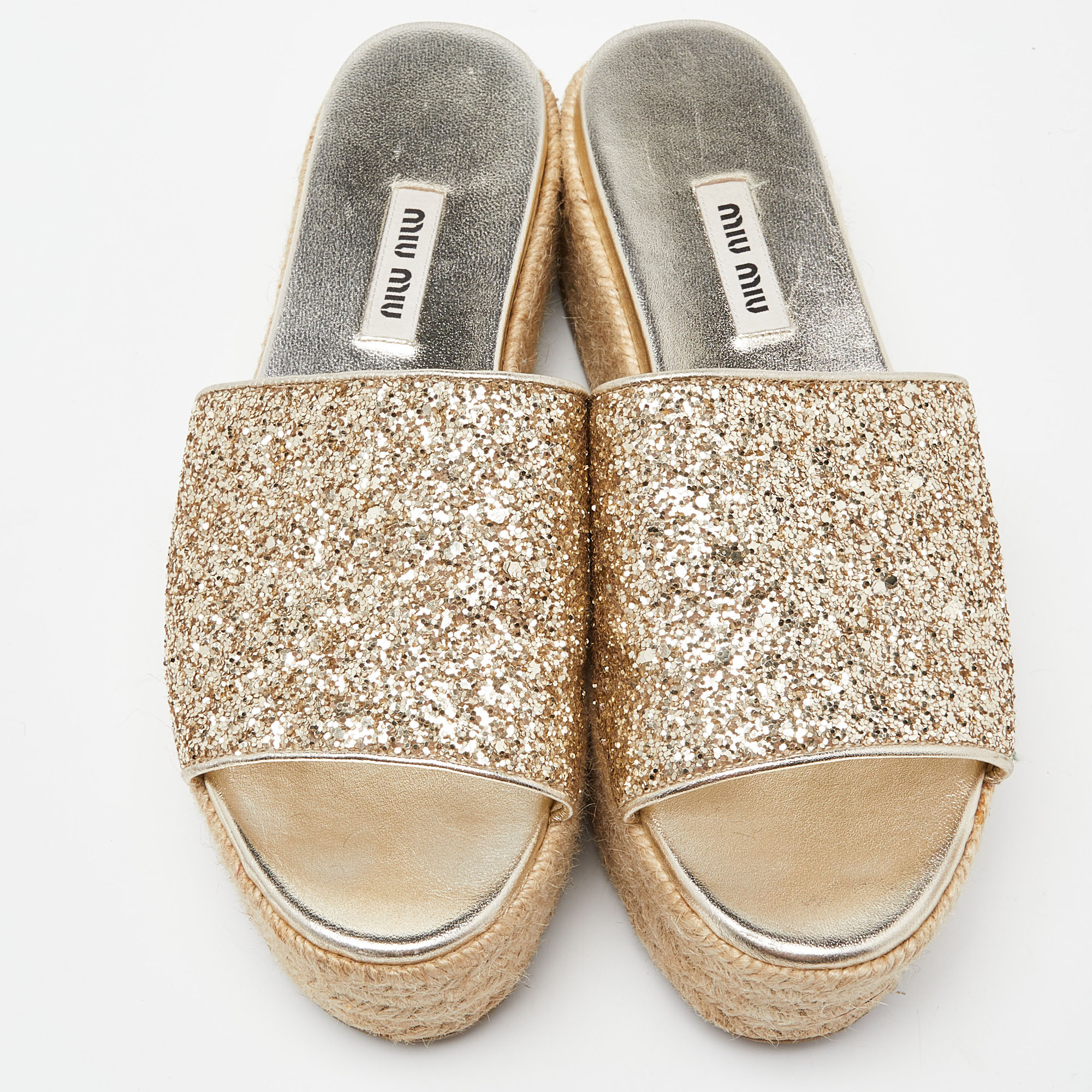 Miu Miu Metallic Gold Glitter Espadrille Platform Slide Sandals Size 37