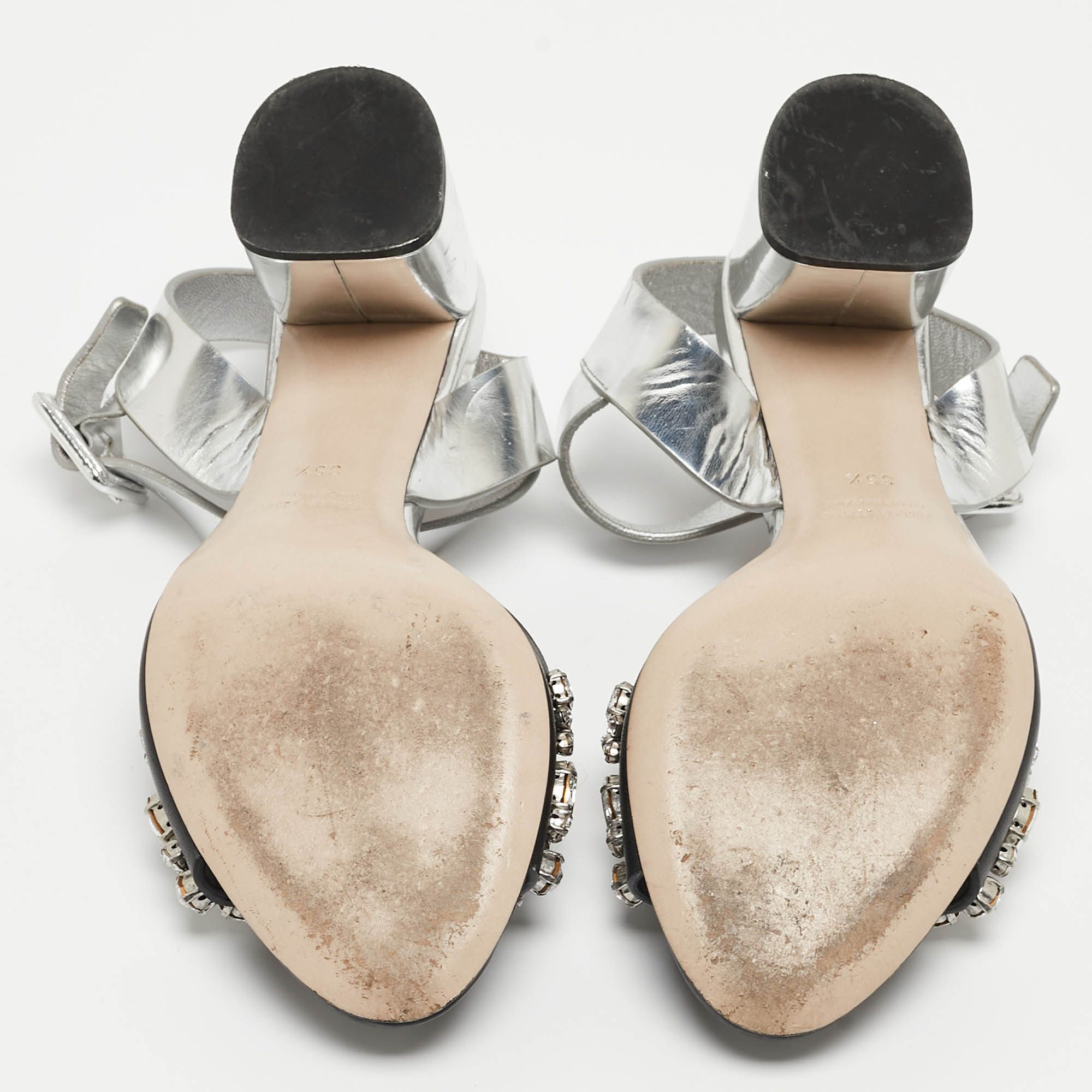 Miu Miu Silver/Black Leather Crystal Embellished Ankle Strap Sandals Size 35.5