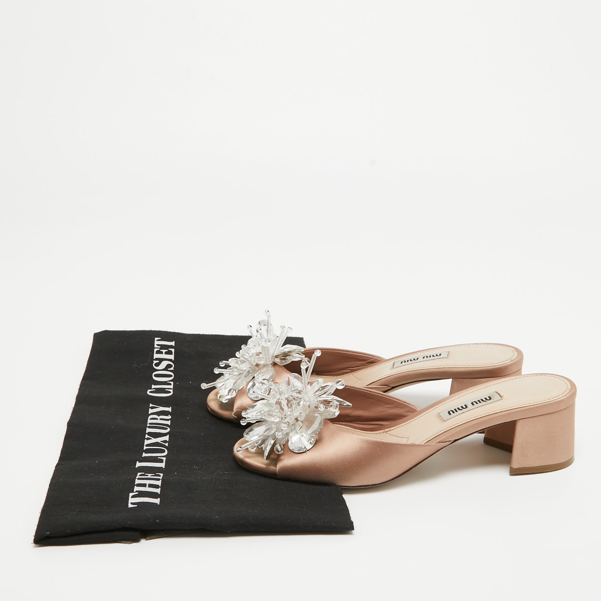 Miu Miu Beige Satin Crystal Embellished Peep Toe Block Heel Slide Sandals Size 35