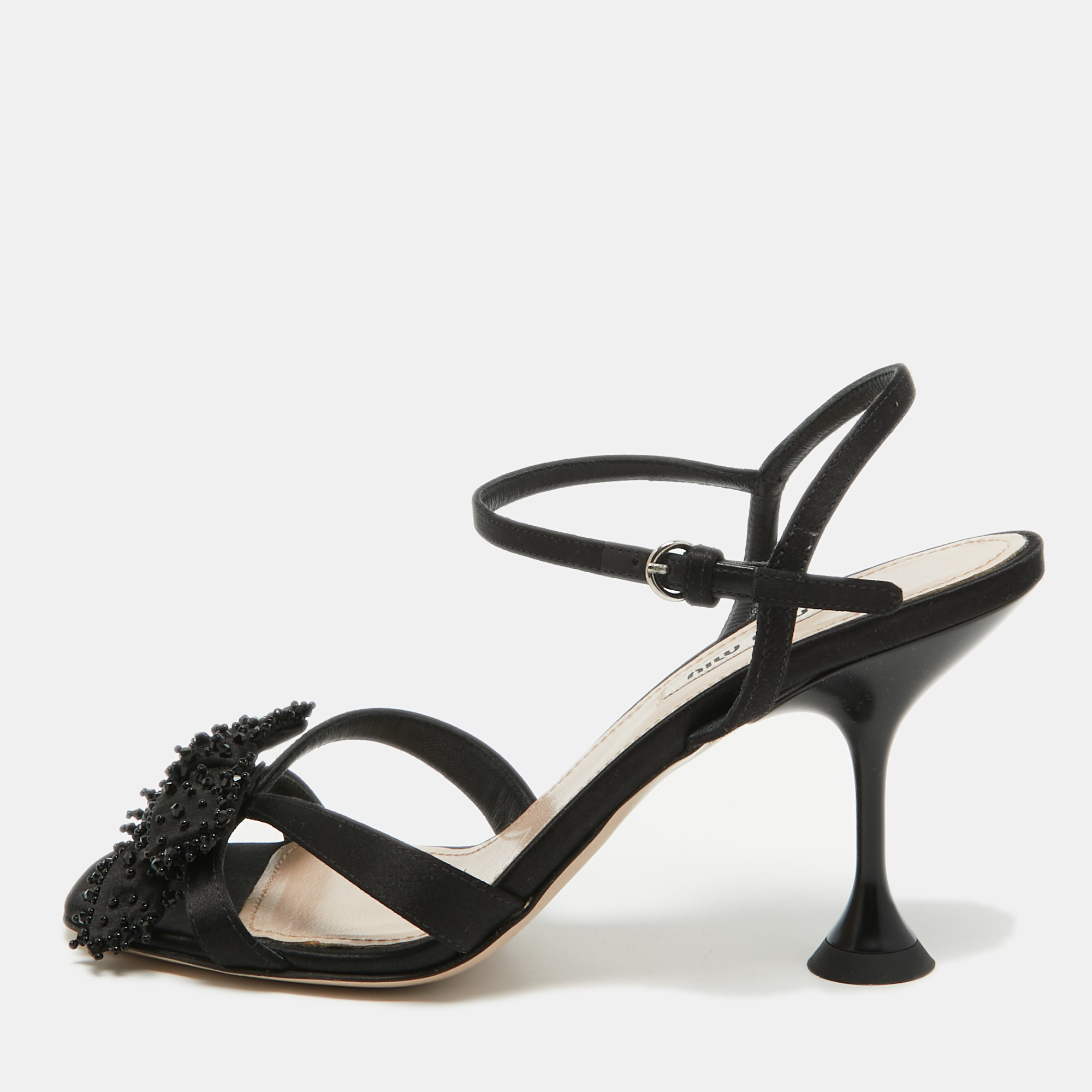 Miu Miu Black Satin Embellished Ankle Strap Sandals Size 37.5