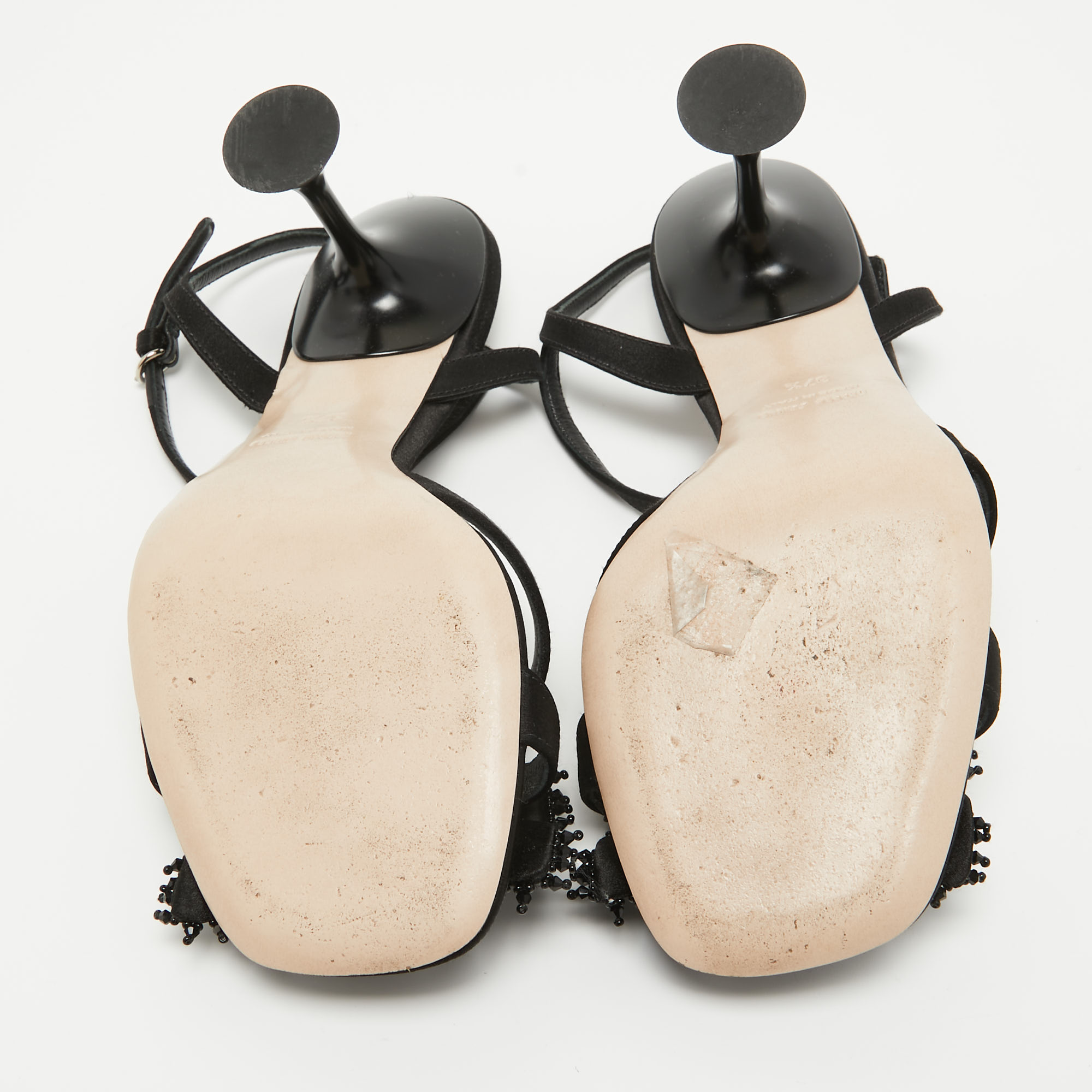 Miu Miu Black Satin Embellished Ankle Strap Sandals Size 37.5