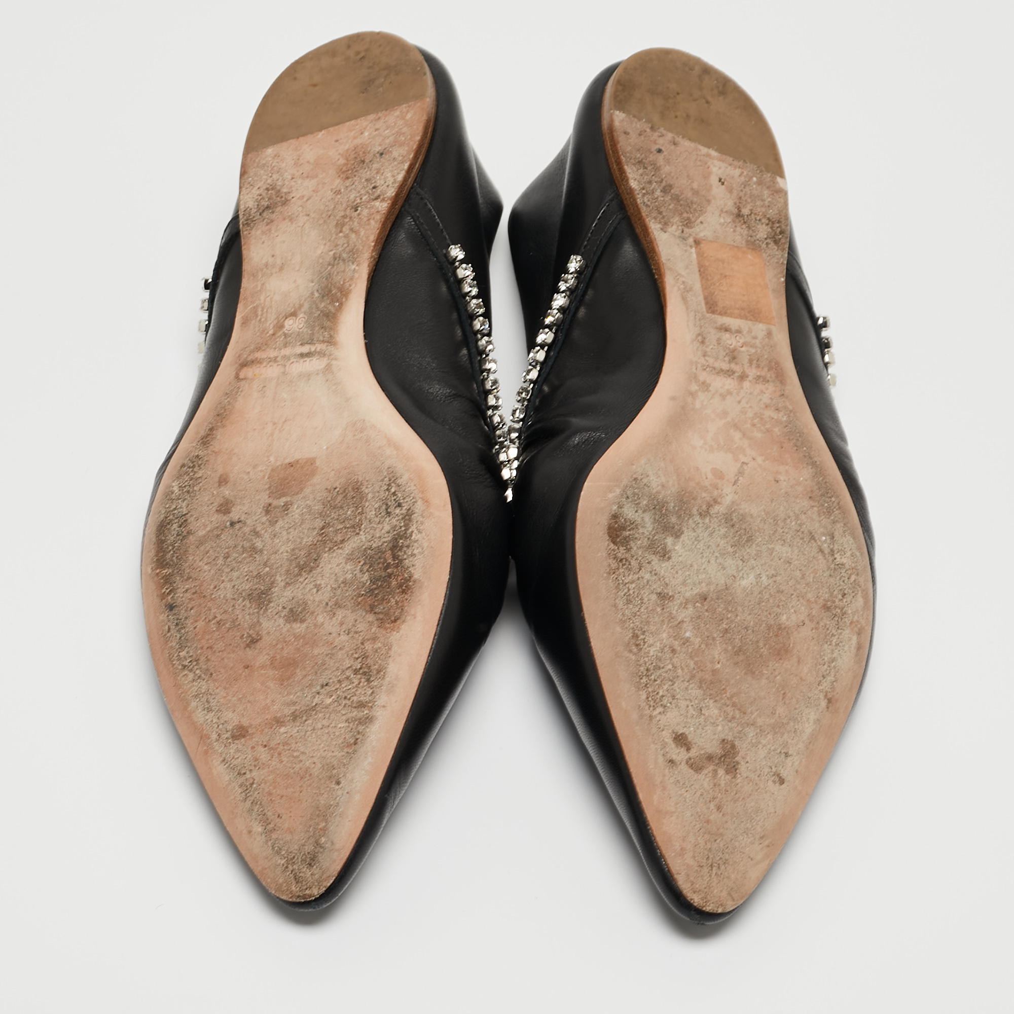 Miu Miu Black Leather Crystal Embellished Pointed Toe Ballet Flats Size 36