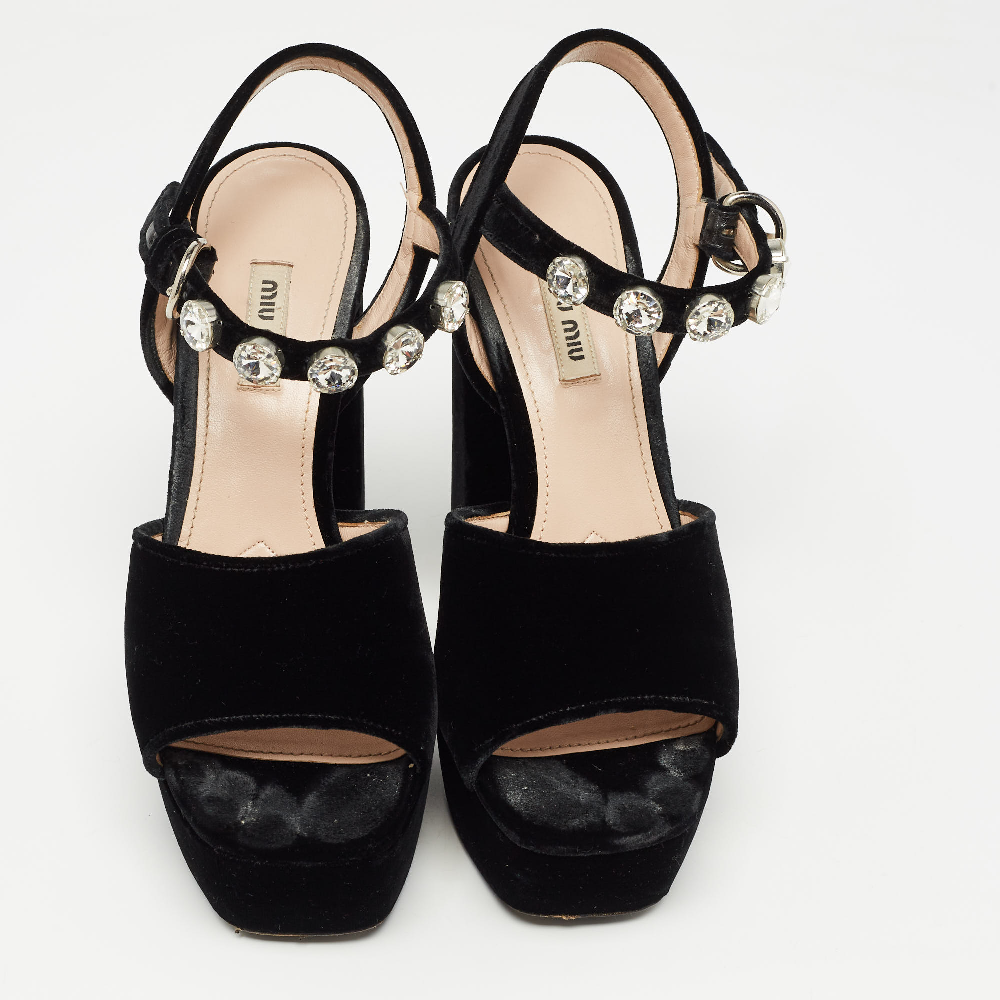 Miu Miu Black Suede Crystal Embellished Heel Ankle Strap Platform Sandals Size 39