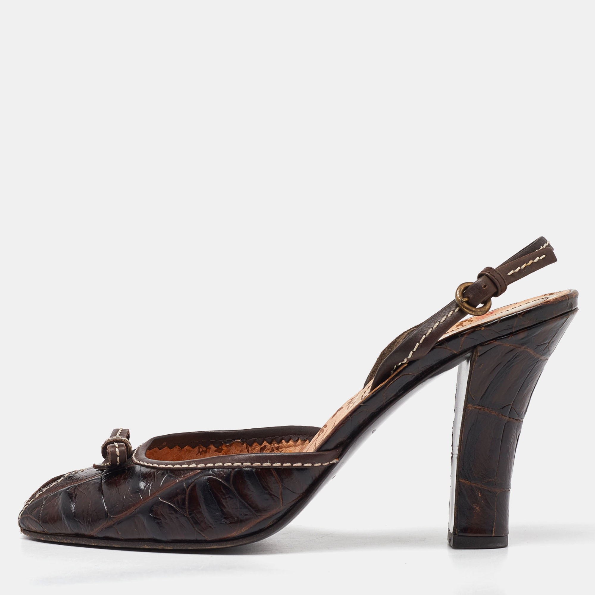 Miu miu dark brown croc embossed leather bow slingback sandals 39