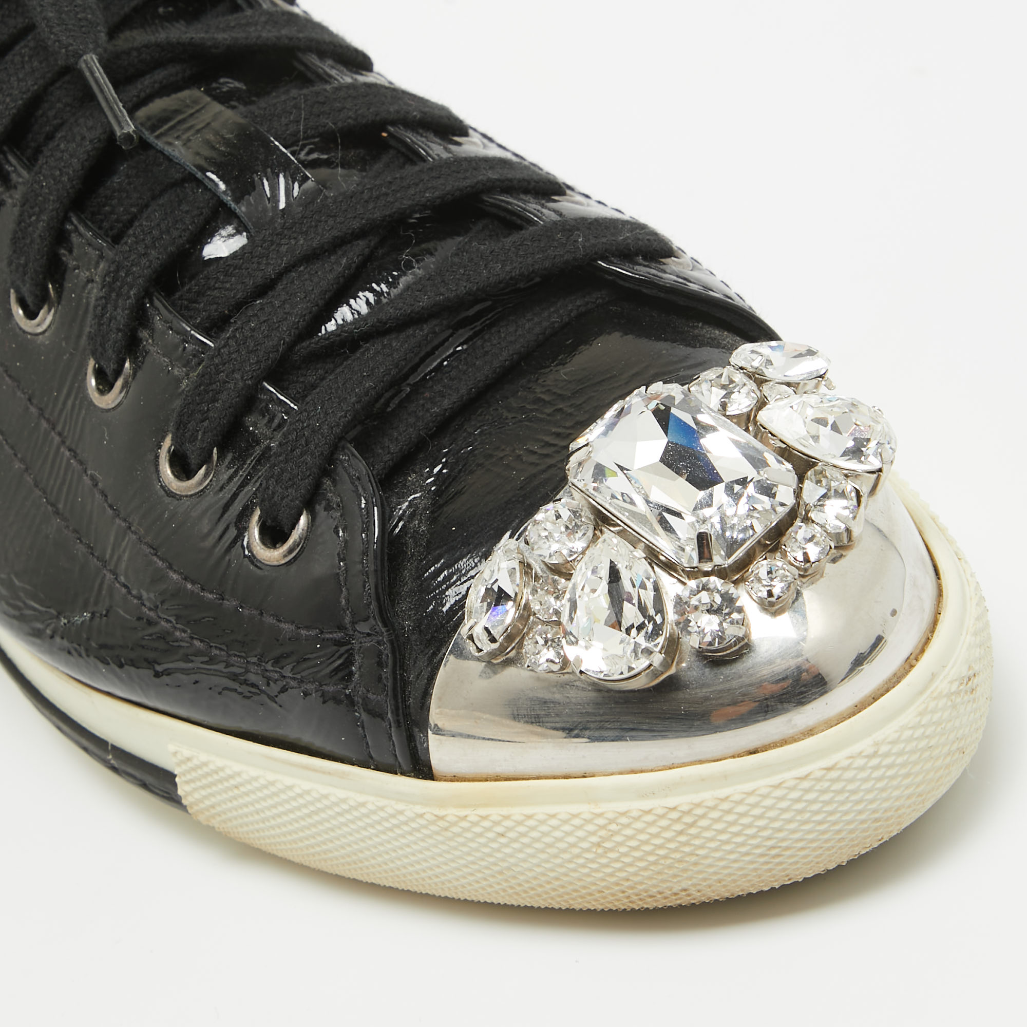 Miu Miu Black Patent Leather Crystal Embellished Cap Toe Sneakers Size 41