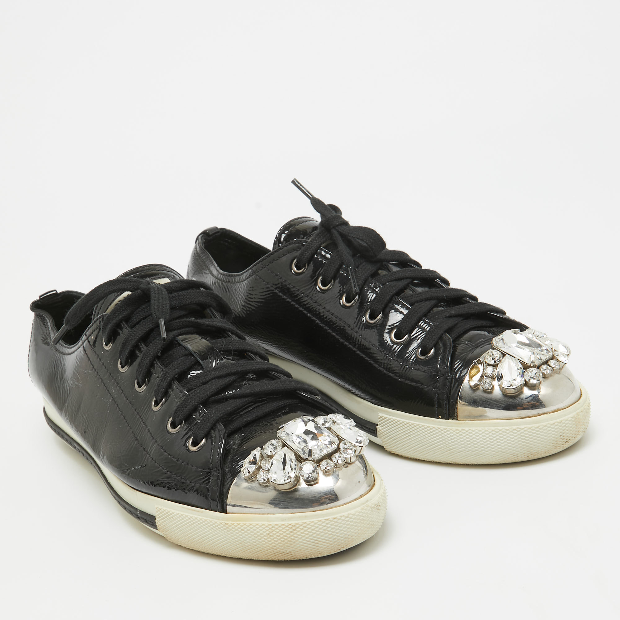 Miu Miu Black Patent Leather Crystal Embellished Cap Toe Sneakers Size 41